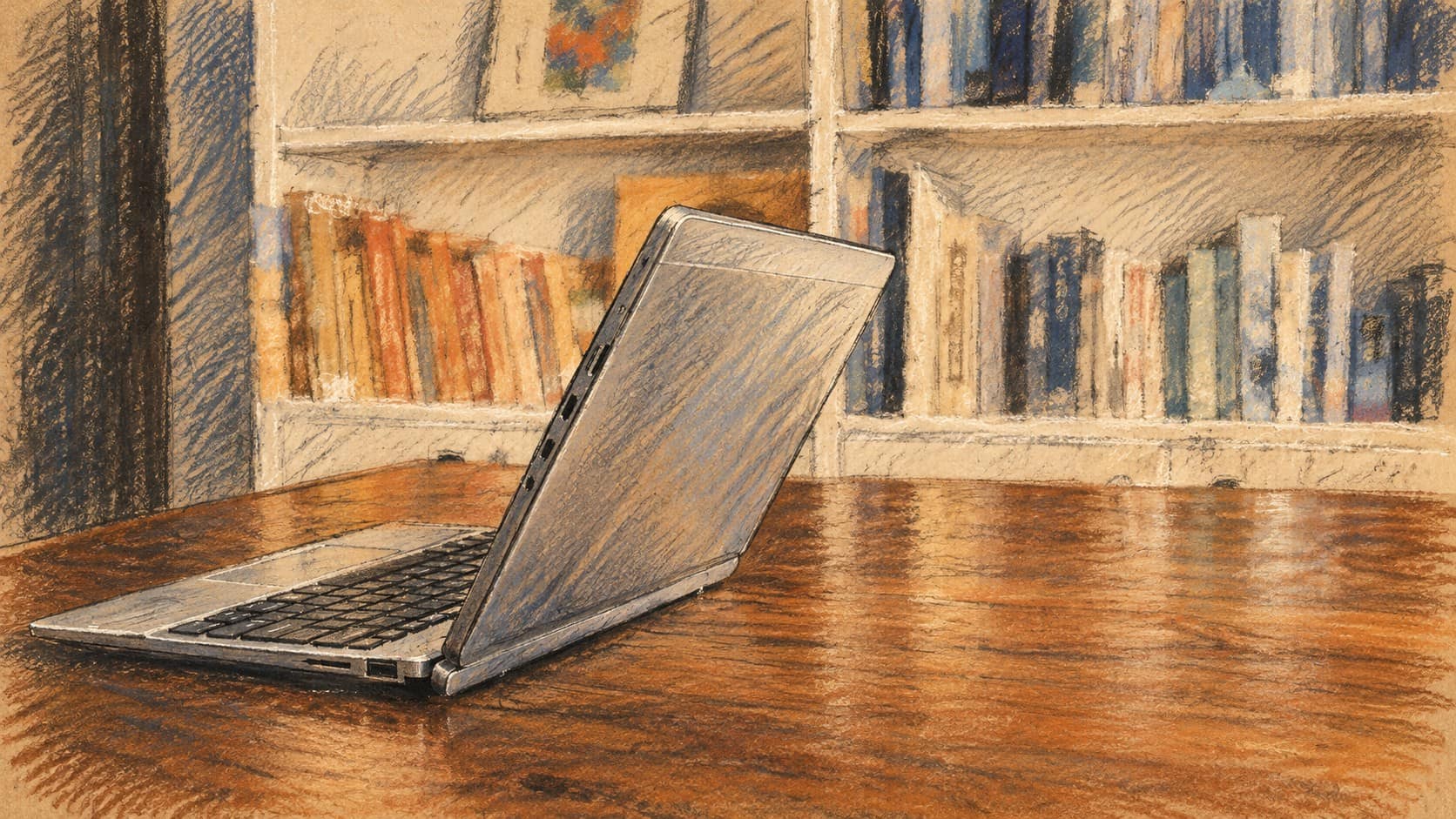 Courtroom-sketch editorial illustration of an archival laptop on a wooden desk in front of bookshelves, used as context for enterprise software; not a depiction of Cyabra's offices, customer or agreement.