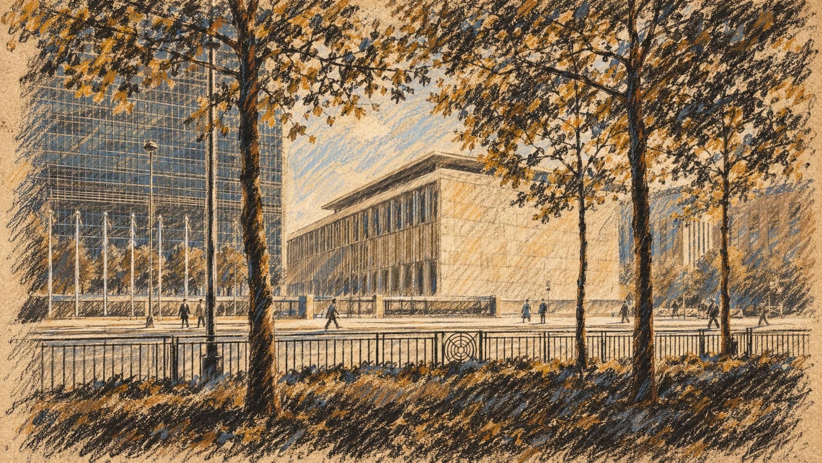 Courtroom-sketch editorial illustration of an archival exterior view of the United Nations Secretariat tower and Dag Hammarskjold Library in New York, used as context for Danon’s role as Israel’s ambassador to the UN