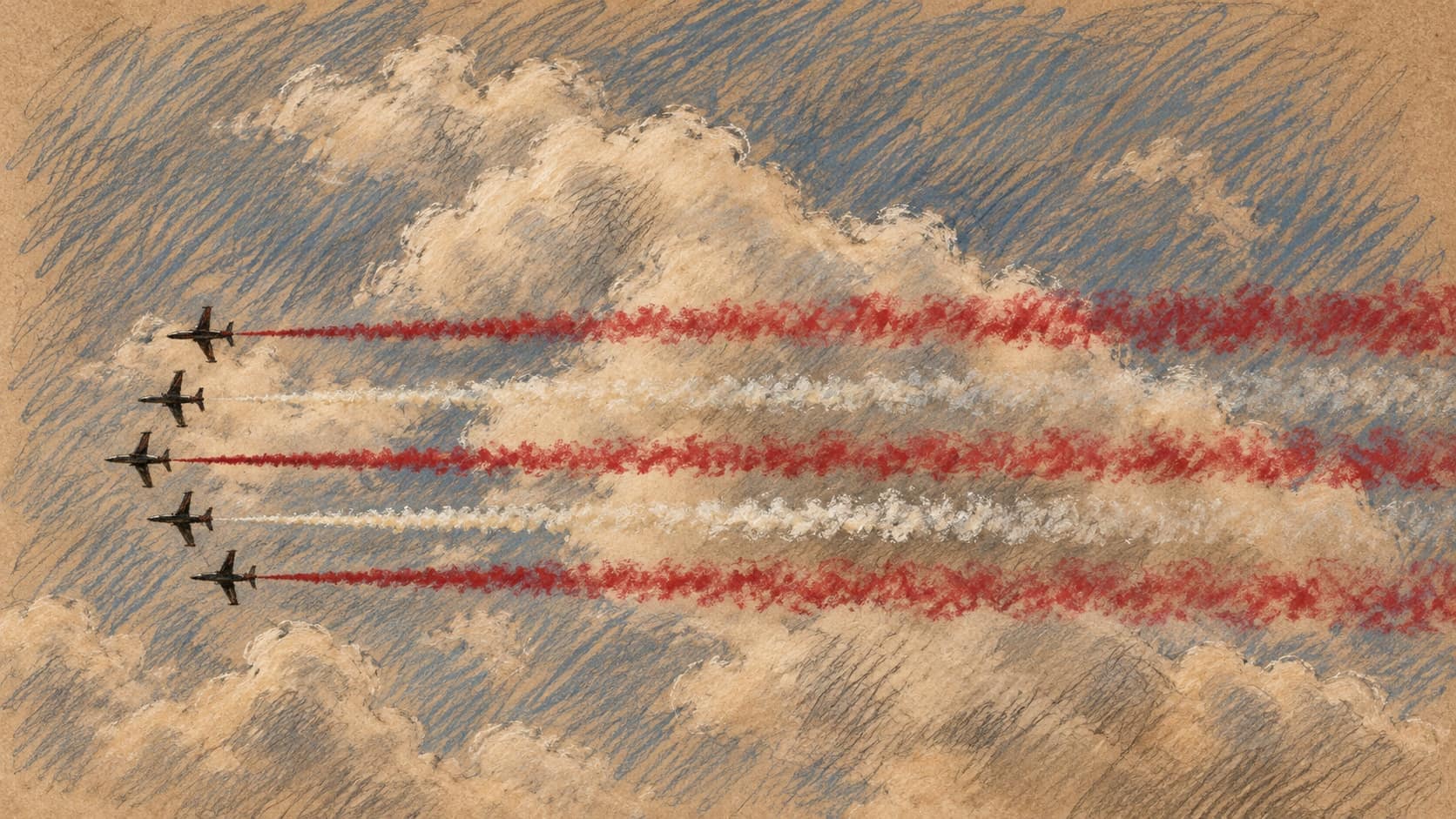 Courtroom-sketch editorial illustration of five aircraft trailing red and white smoke at the 2026 Marrakech airshow on October 7, used as airshow context rather than a depiction of the Israeli pavilion.