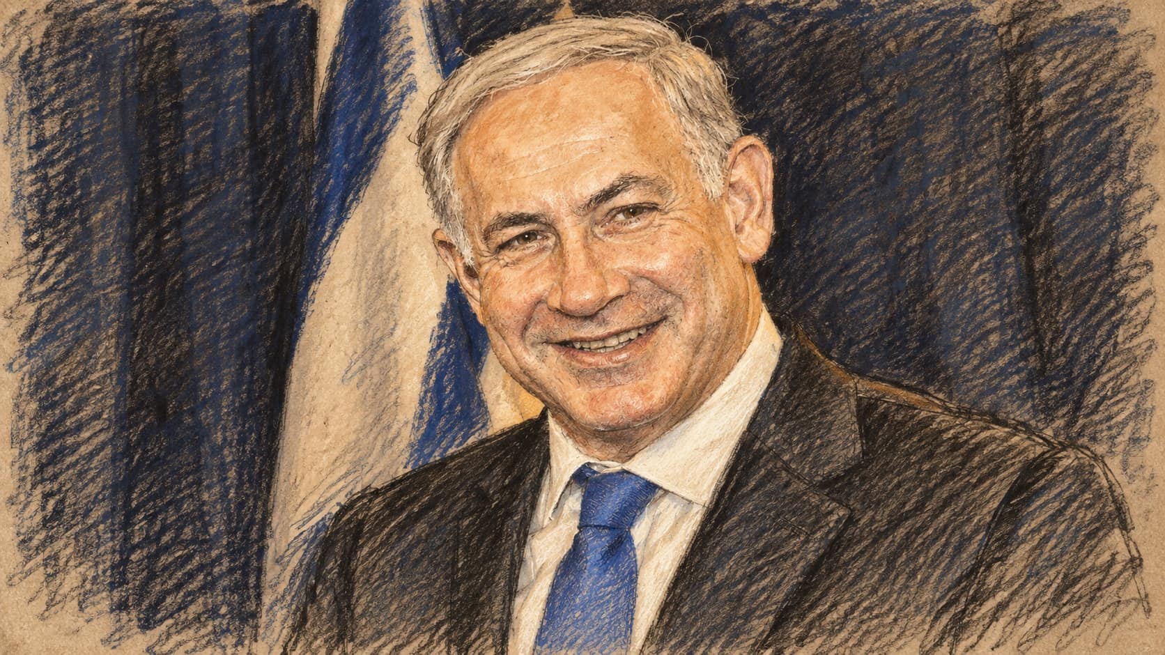 Courtroom-sketch editorial illustration of an archival solo portrait of Benjamin Netanyahu in a dark suit and blue tie, used as context for Efrat Rayten’s statement