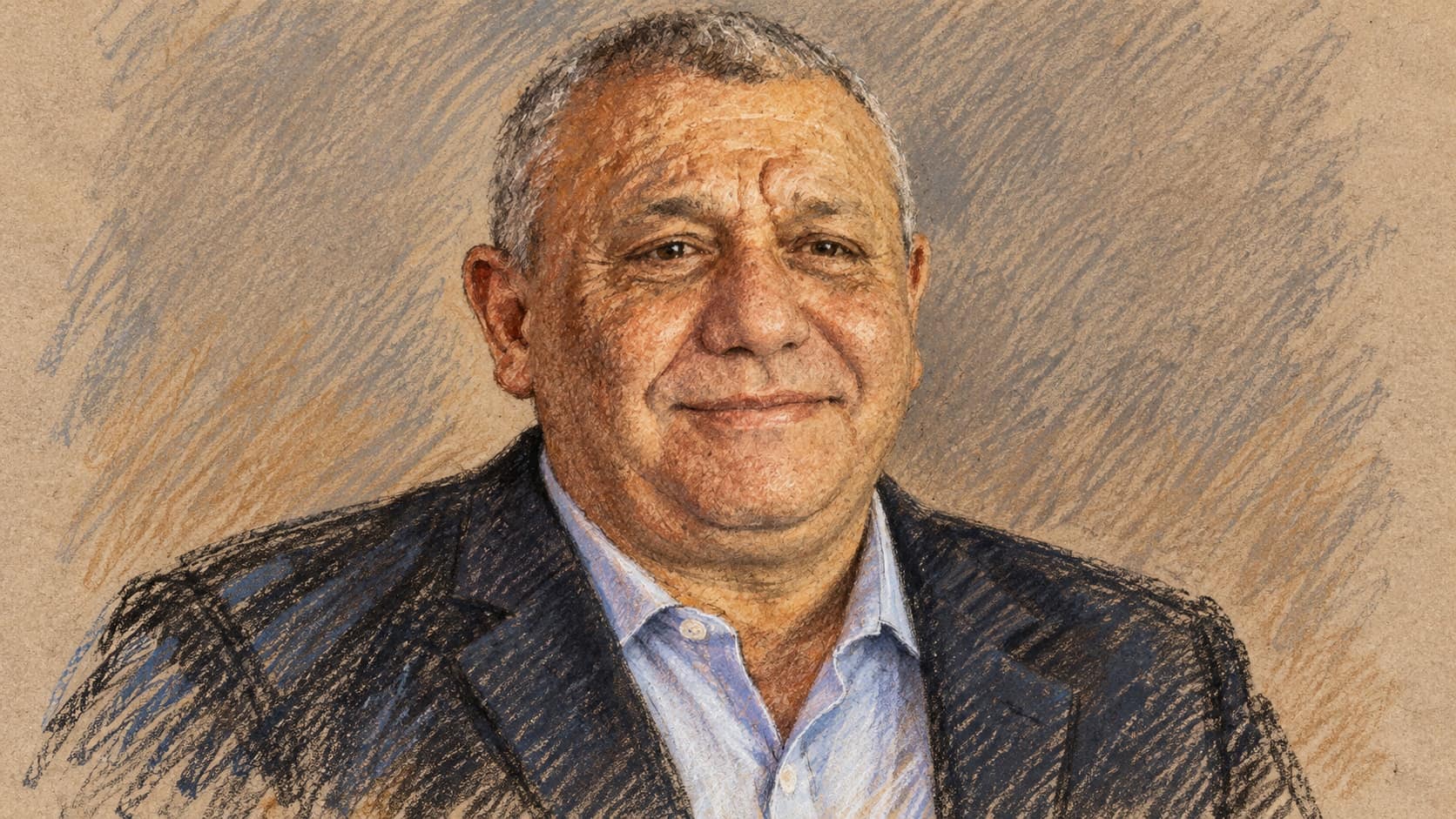 Courtroom-sketch editorial illustration of an archival solo portrait of Gadi Eisenkot in a dark civilian jacket and open-collar light blue shirt against a plain background.