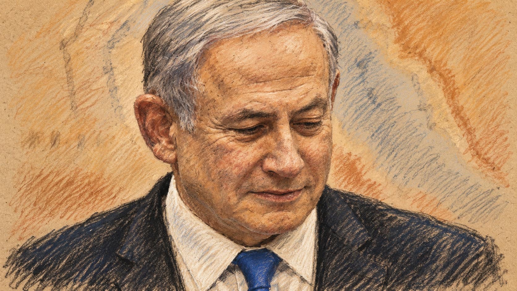 Courtroom-sketch editorial illustration of an archival portrait of Benjamin Netanyahu looking downward in a dark suit, white shirt and blue tie, based on a March 2019 photograph; contextual portrait, not a depiction of Gotliv’s October 2026 statement.