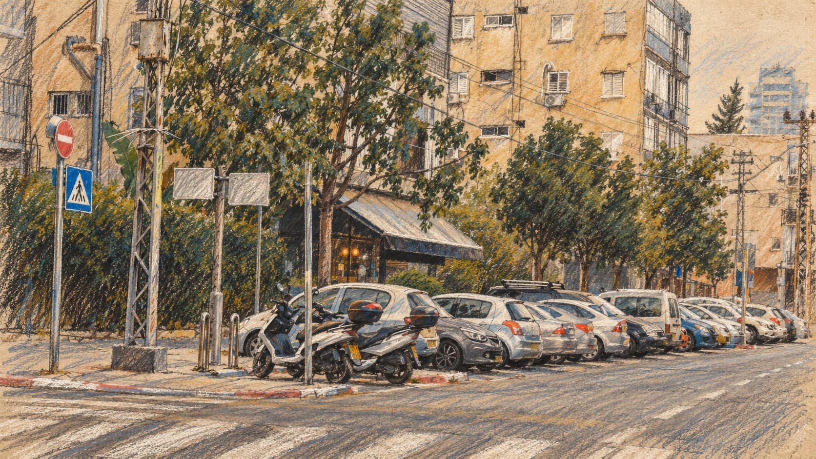 Courtroom-sketch editorial illustration of an archival Tel Aviv residential street intersection with parked cars, scooters, trees and apartment buildings; contextual scene, not the site of the reported grenade blast.