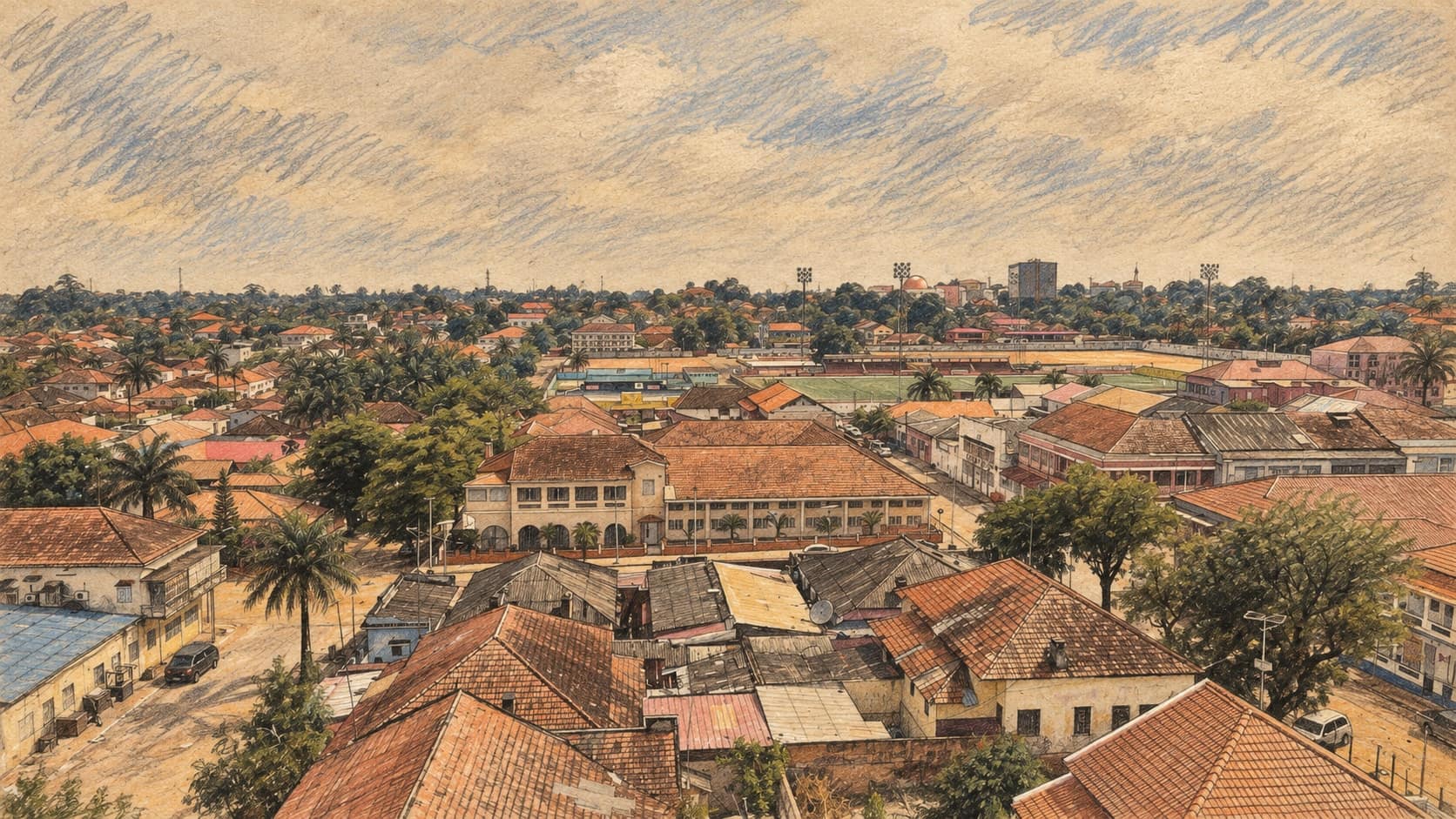 Courtroom-sketch editorial illustration of an archival 2023 elevated view across Bissau's red-tiled rooftops and tree-lined roads toward a stadium and the distant skyline, rendered in warm ochre and slate-blue pastel strokes; contextual city view, not the October 8 announcement.