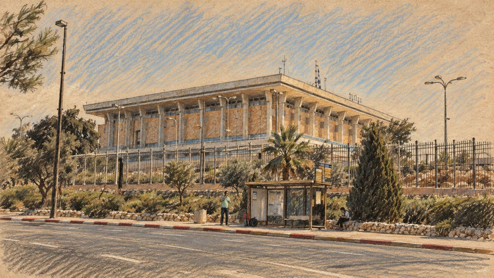 Courtroom-sketch editorial illustration of an archival Knesset exterior in Jerusalem behind a fence, with a road, bus shelter, palm and trees; institutional context for coalition politics, not a depiction of Hendel’s statement.