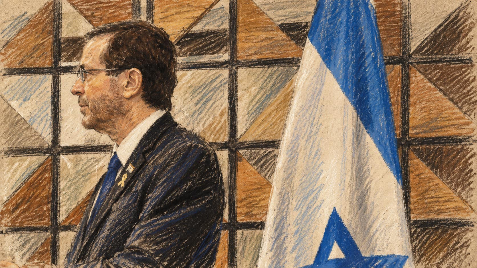 Courtroom-sketch editorial illustration of an archival 2024 portrait of President Isaac Herzog beside an Israeli flag