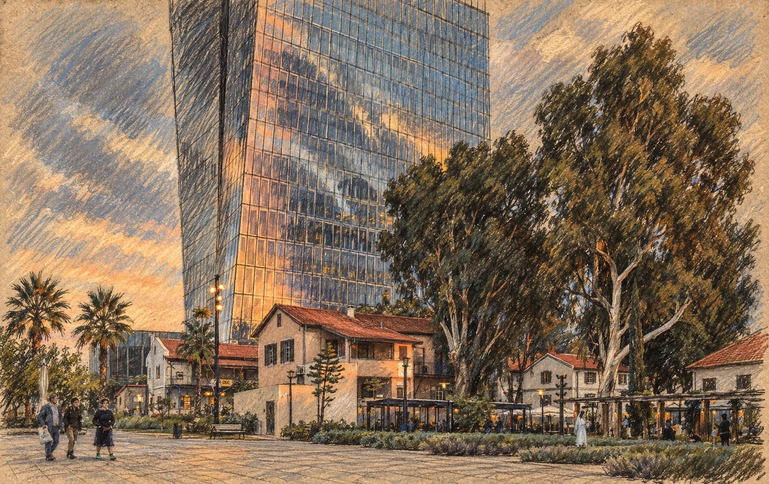 Courtroom-sketch editorial illustration of Azrieli Sarona office tower behind Sarona plaza buildings and trees, based on an archival Tel Aviv view used as business context.