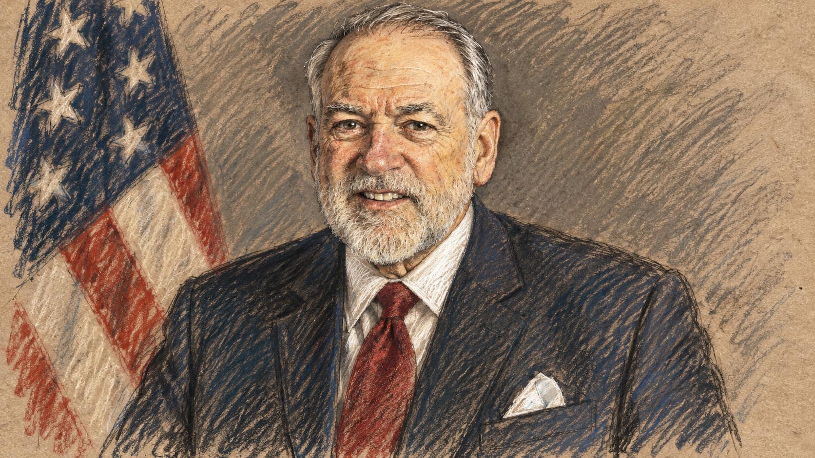 Courtroom-sketch editorial illustration of Mike Huckabee in a dark suit and burgundy tie beside an American flag, based on his archival March 2025 official portrait; contextual illustration, not a depiction of the October 2026 message.