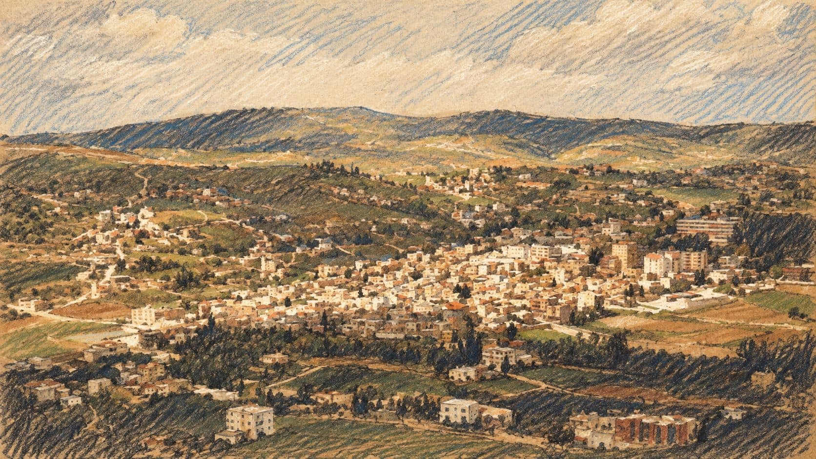 Courtroom-sketch editorial illustration of an archival panoramic view of Bint Jbeil in southern Lebanon, with clustered light-colored buildings, green fields and distant hills; geographic context rather than the announced battle.