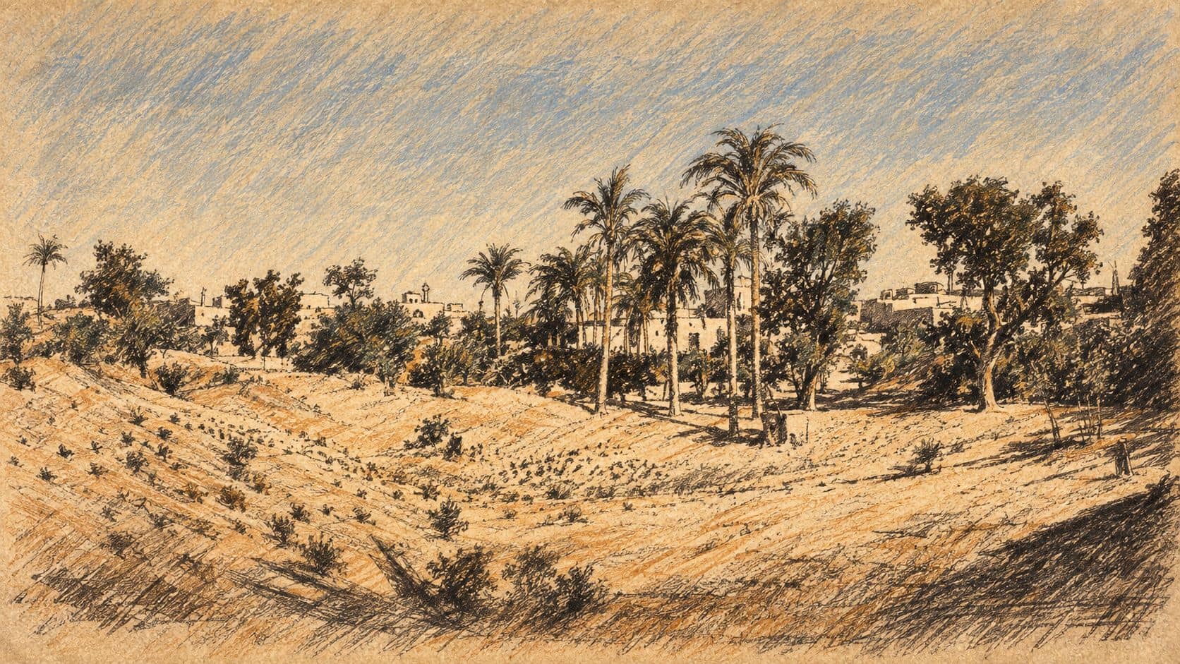 Courtroom-sketch editorial illustration of an archival July 1917 panorama of Khan Yunis, with a sandy foreground, palms and low village buildings, used as geographical context