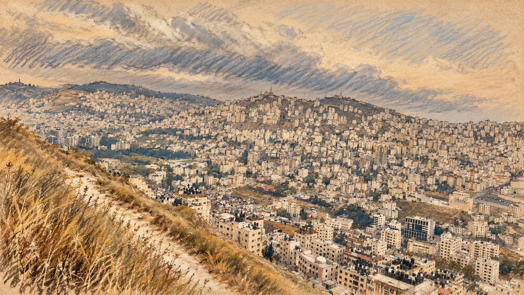 Courtroom-sketch editorial illustration of an archival Nablus cityscape and Mount Gerizim, providing geographic context rather than depicting the October 2026 raids