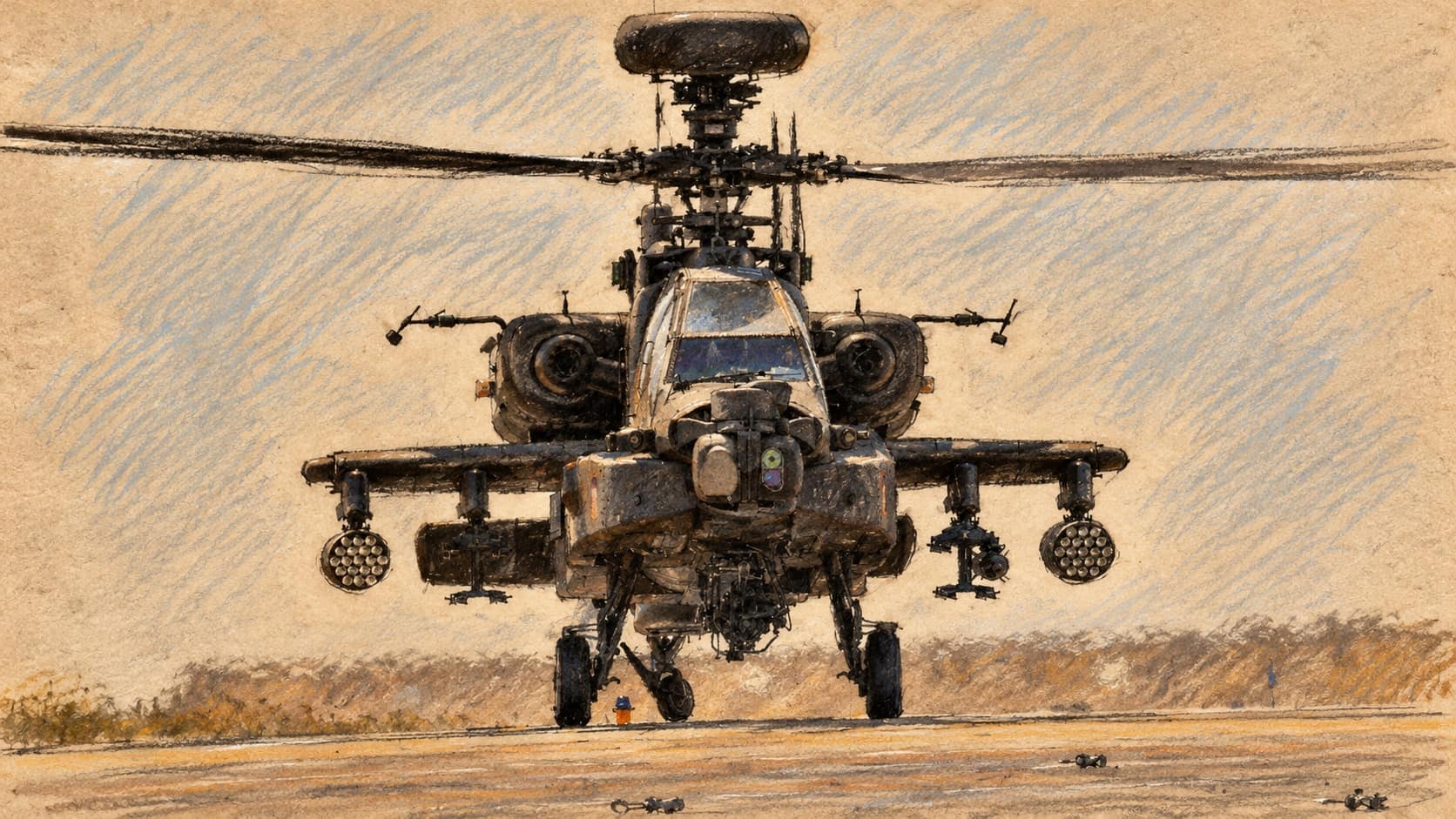Courtroom-sketch editorial illustration of an Apache helicopter viewed head-on above an airfield runway, based on an archival aircraft photograph