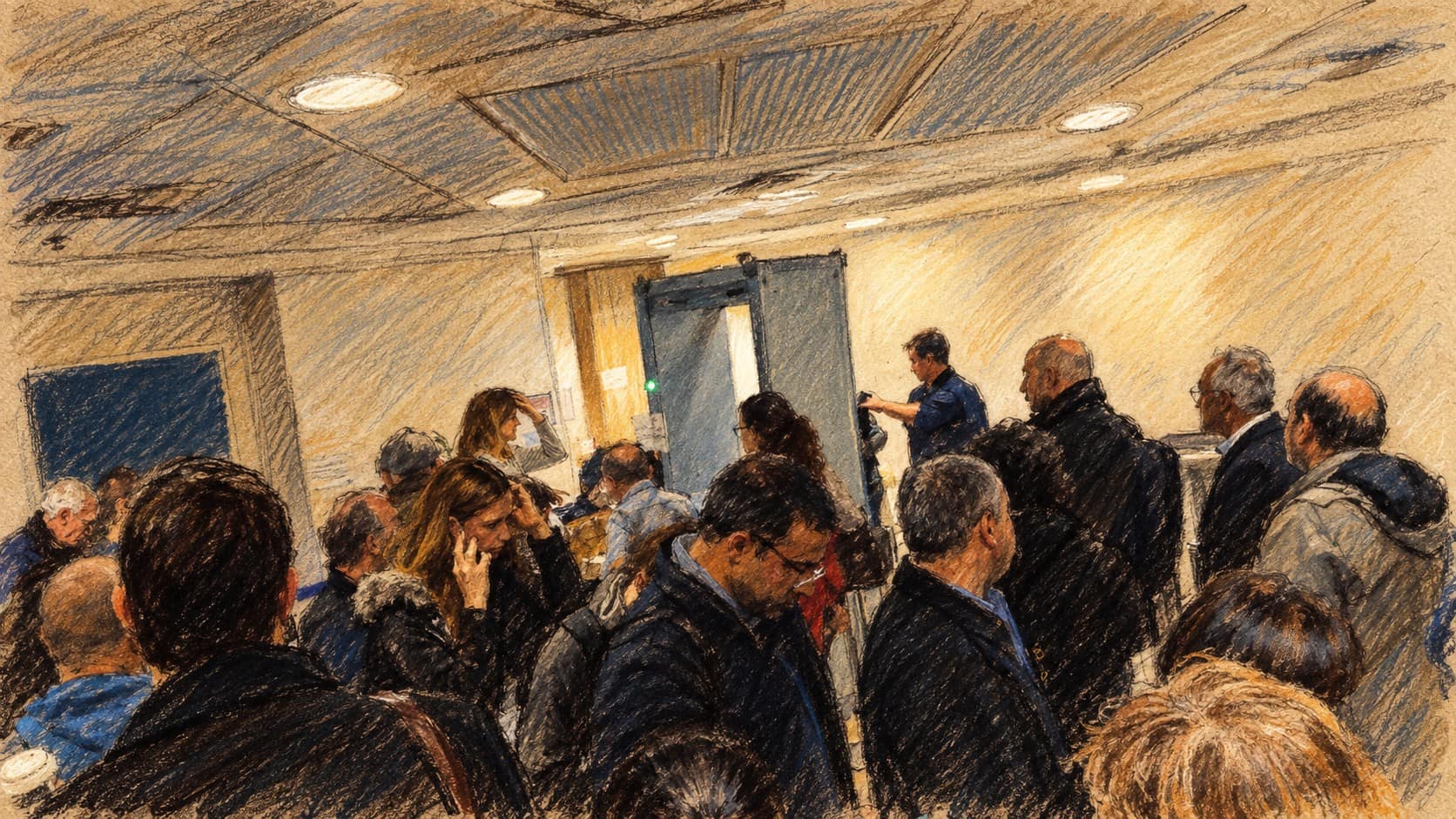 Courtroom-sketch editorial illustration of visitors waiting at a Tax Authority entrance in Ramat Gan, based on an archival 2016 photograph used as fiscal institutional context