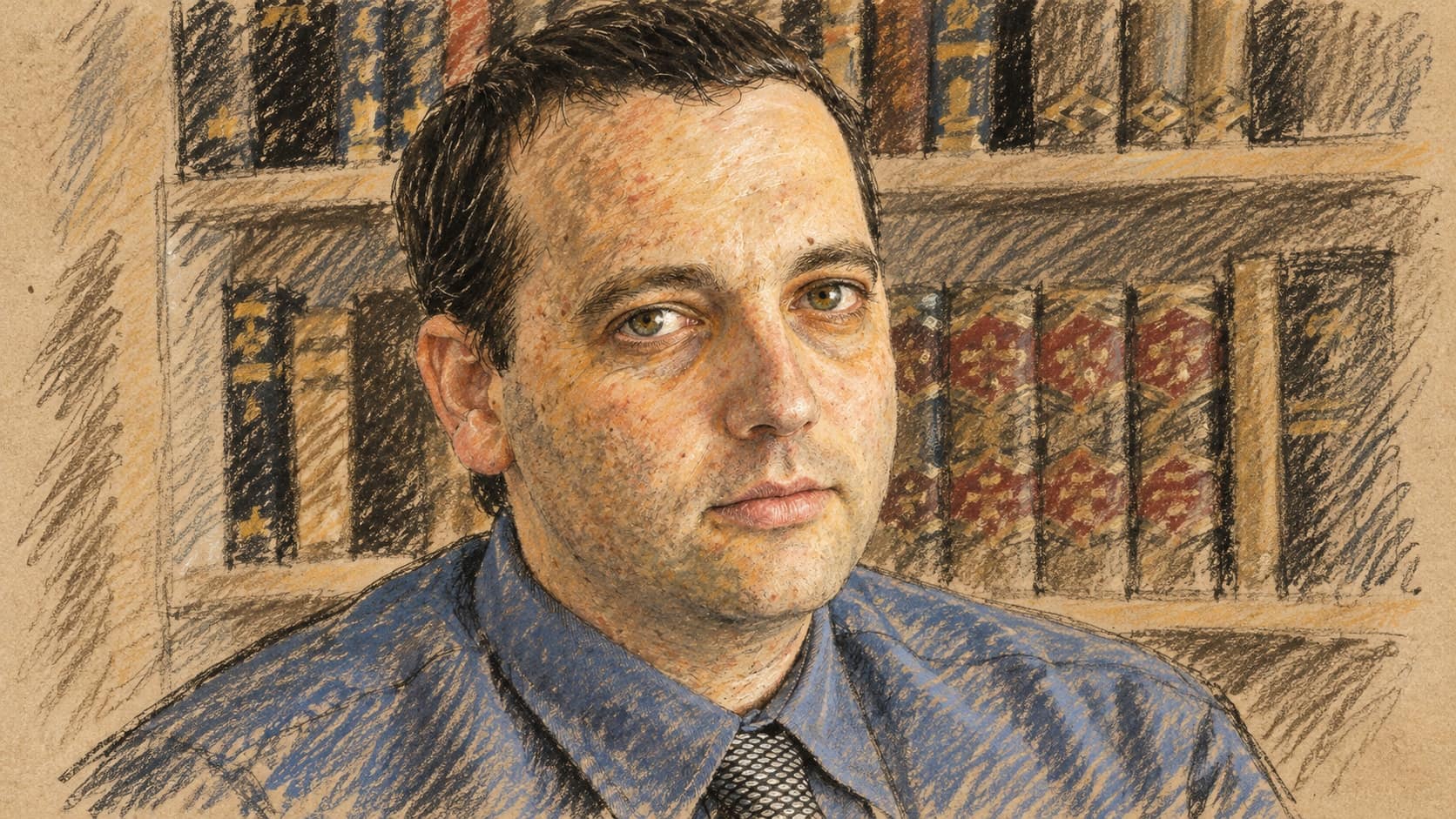 Courtroom-sketch editorial illustration based on an archival 2006 portrait of Gilad Kariv in a blue shirt and tie before bookshelves
