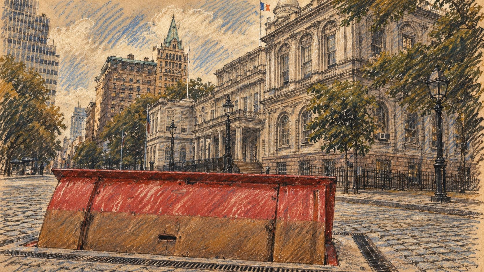 Courtroom-sketch editorial illustration of an archival 2010 view of New York City Hall, with a raised street barricade and trees beside the stone facade; contextual architecture, not a depiction of the October 2026 statements.