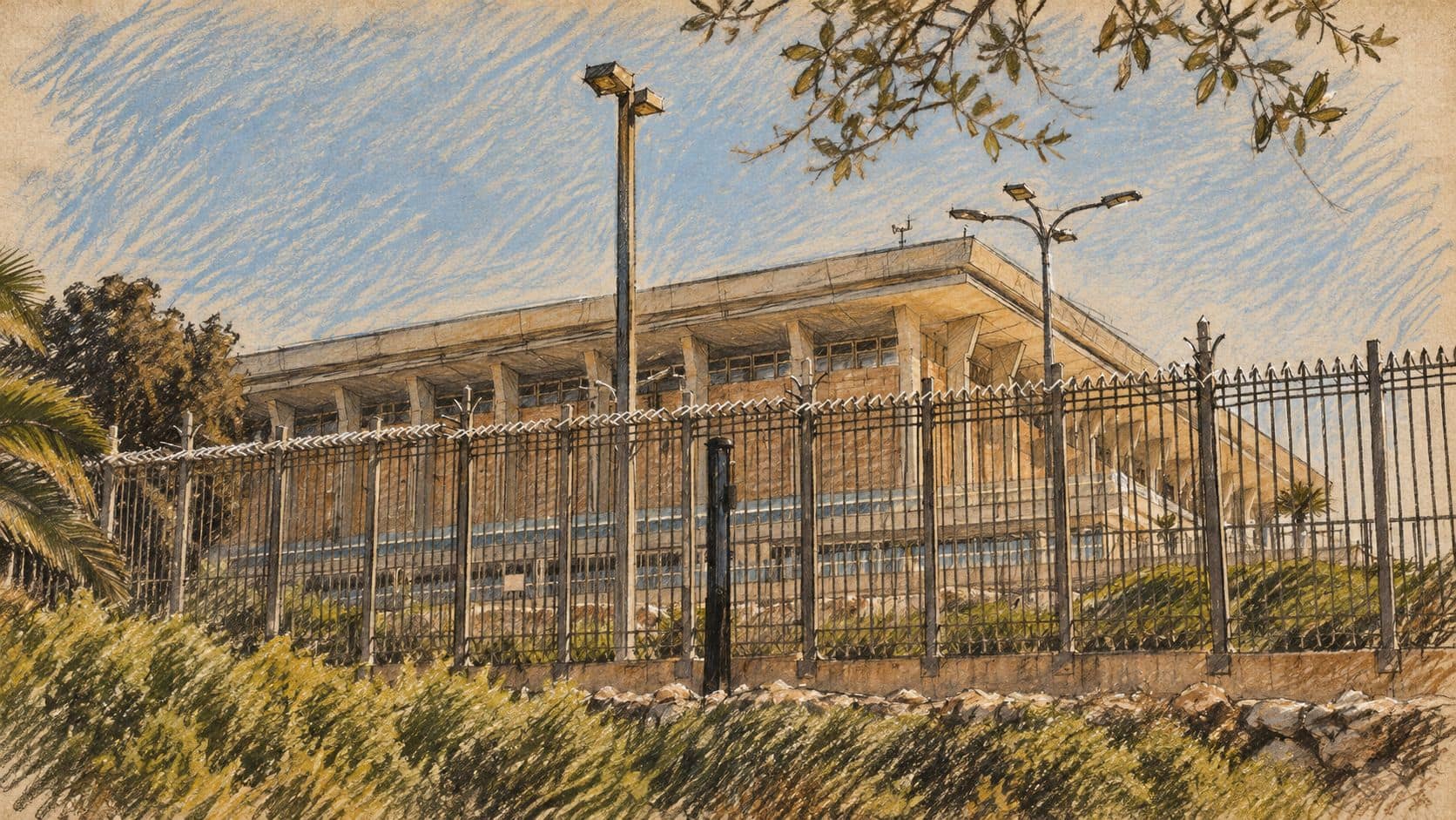 Courtroom-sketch editorial illustration of the Knesset exterior in Jerusalem, based on an archival contextual reference