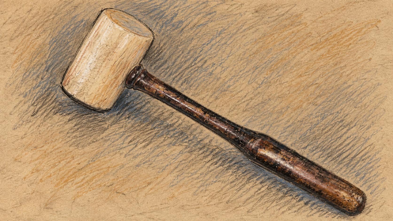 Courtroom-sketch editorial illustration of an archival museum gavel, used as judicial context rather than a depiction of the sentencing.