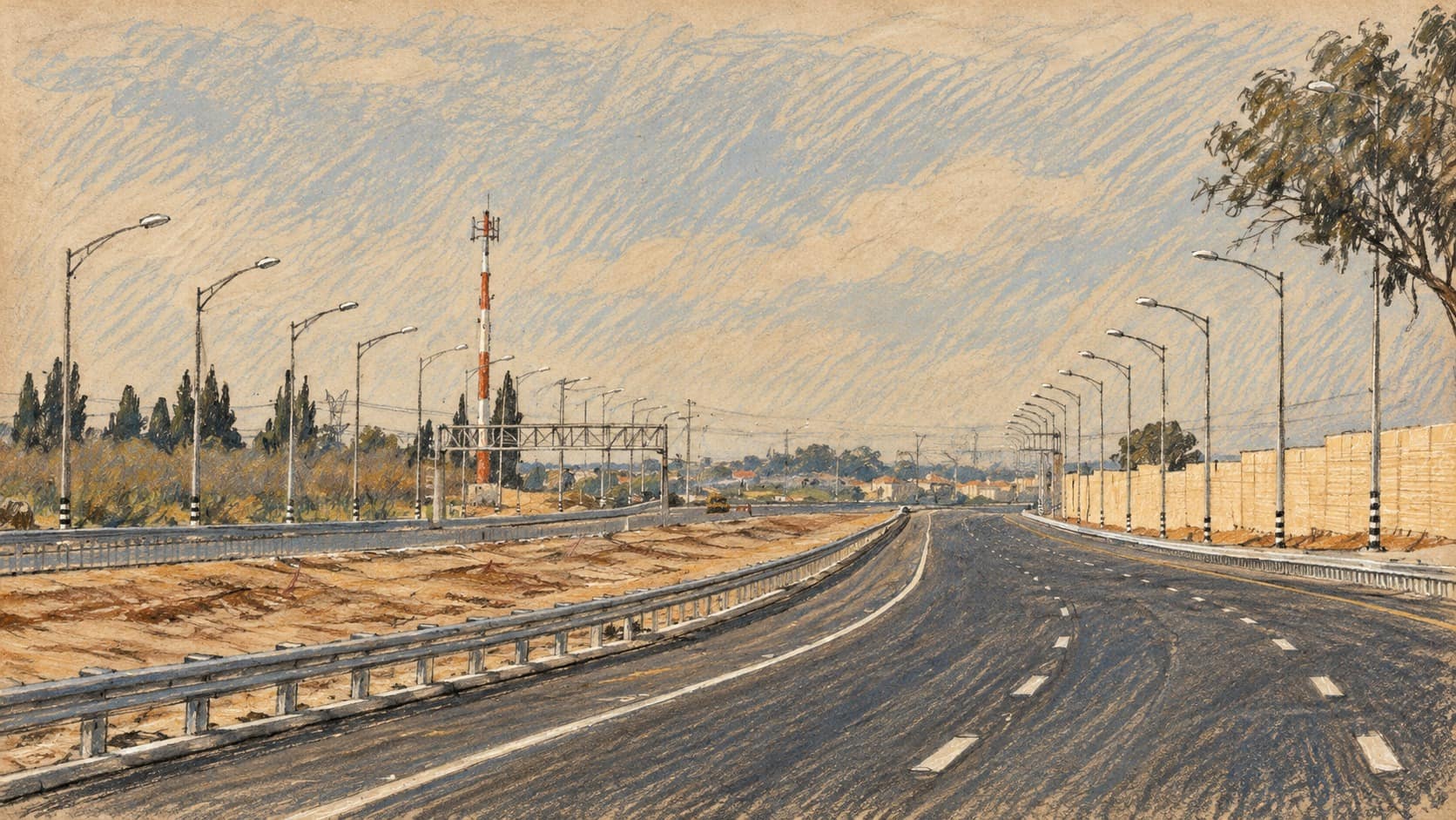 Courtroom-sketch editorial illustration of Road 431 near the Ness Ziona interchange, using an archival view as local transport context