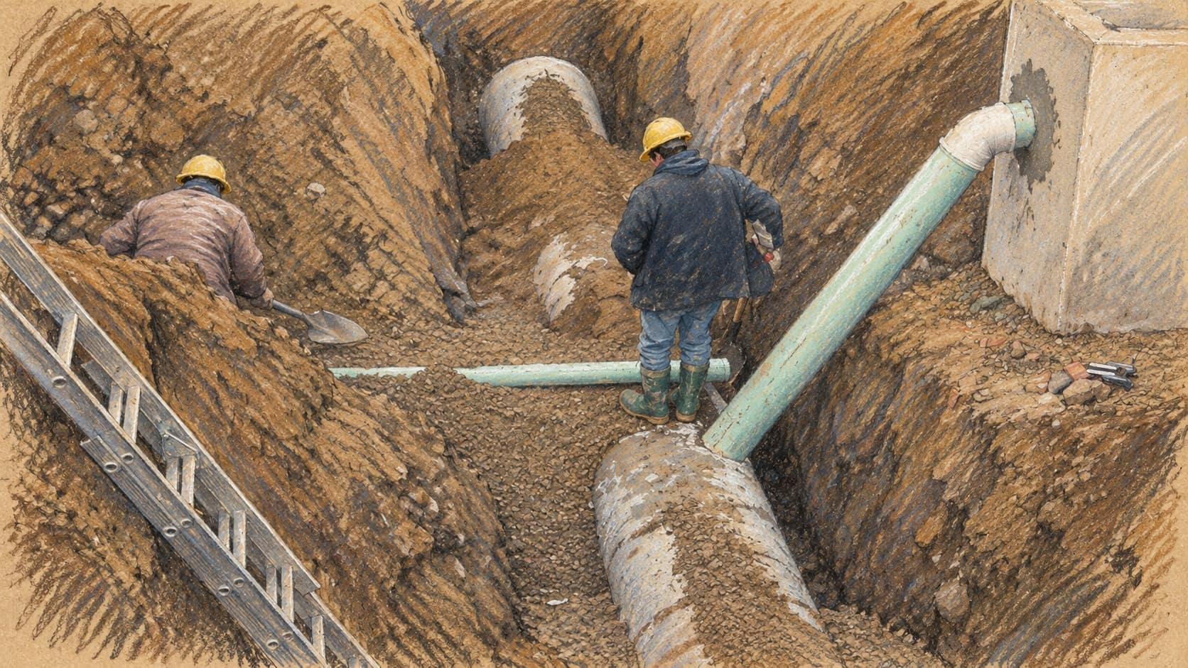 Courtroom-sketch editorial illustration of an archival storm-sewer and catch-basin connection in Ontario, Canada, used as drainage-infrastructure context