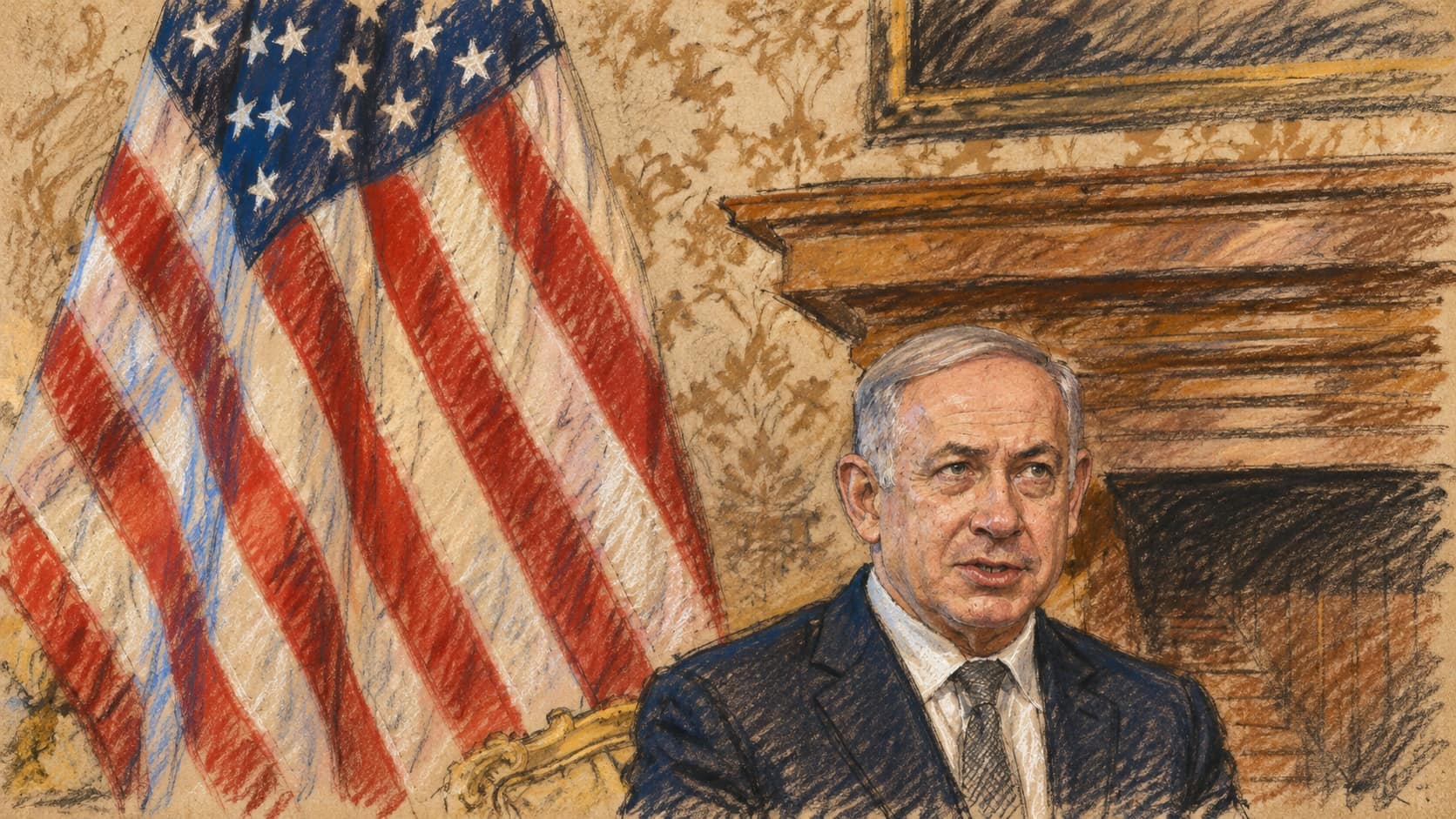 Courtroom-sketch editorial illustration of Benjamin Netanyahu seated beside a U.S. flag and fireplace, based on an archival June 2016 photograph in Rome