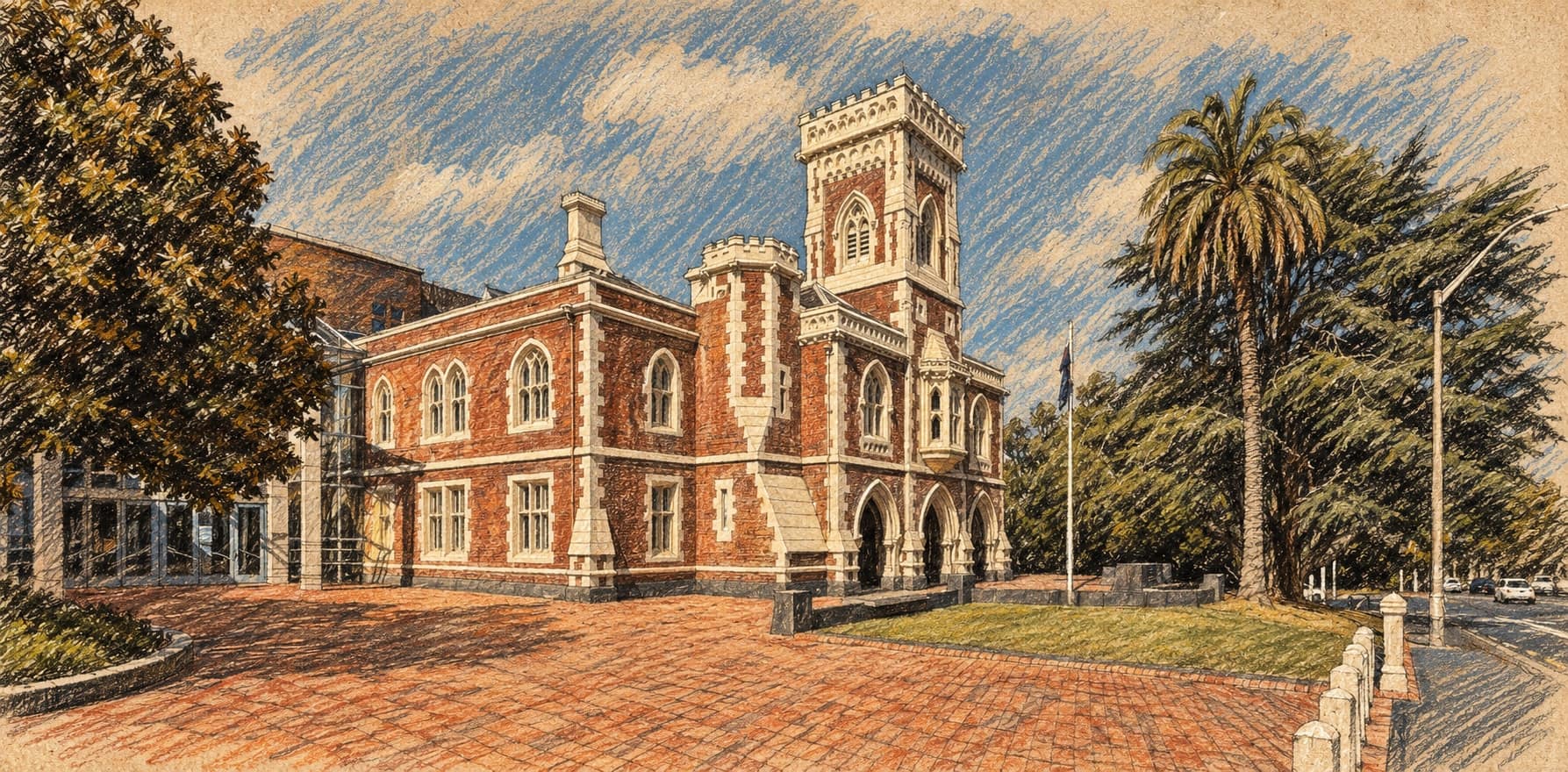 Courtroom-sketch editorial illustration of an archival exterior view of Auckland High Court, with its brick Gothic building, square tower, forecourt and trees; New Zealand court context, not a depiction of the rugby proceedings or confirmation of their filing venue, rendered in warm ochre and slate-blue pastel strokes.