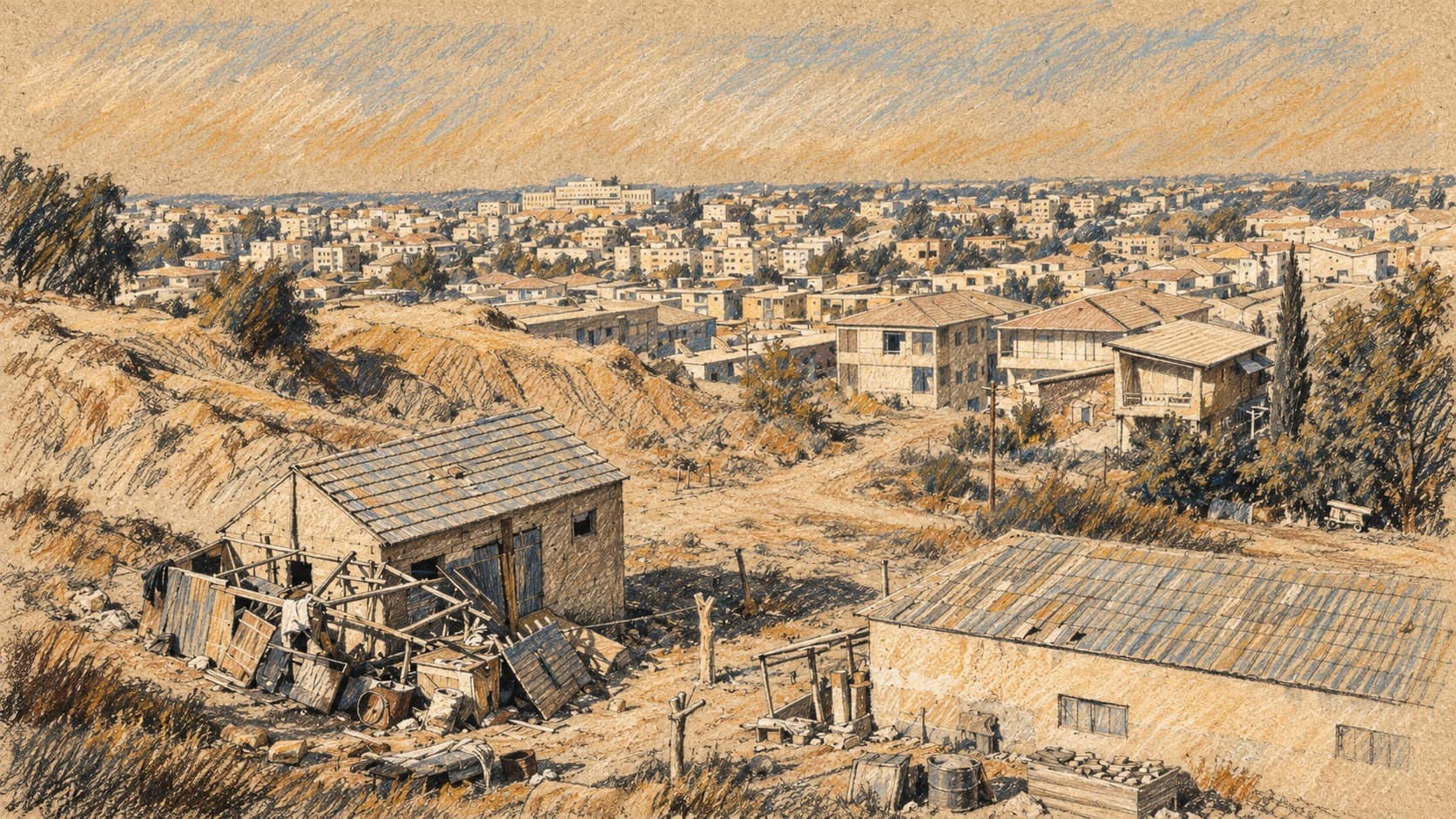 Courtroom-sketch editorial illustration of an archival 1963 panorama of Bnei Brak with sheds, construction materials and homes; geographic context for the campaign visit.
