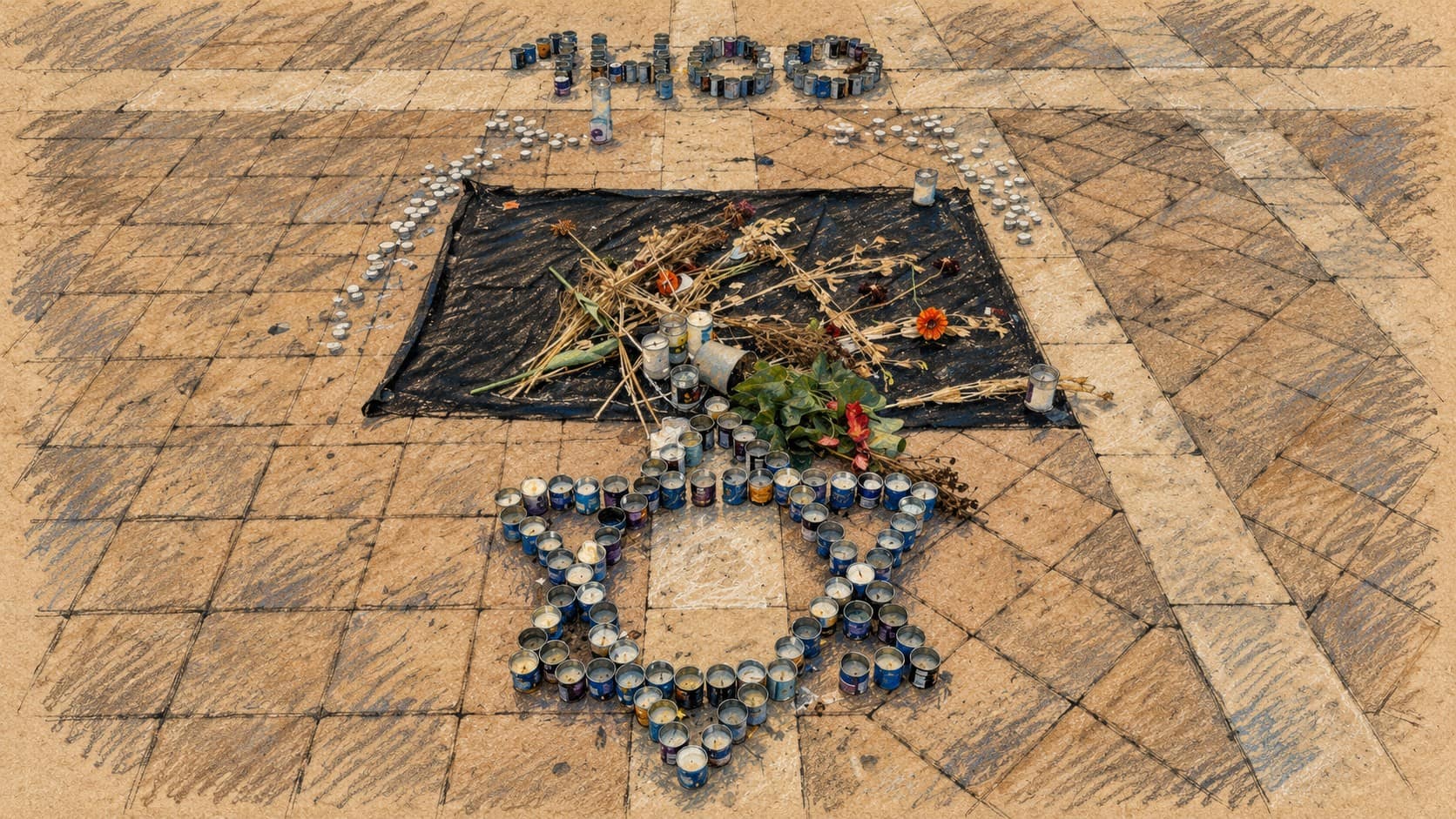 Courtroom-sketch editorial illustration of archival remembrance candles arranged as a Star of David with flowers on a paved plaza in Ashdod in November 2023; contextual commemoration, not a depiction of the 2026 families memorial.