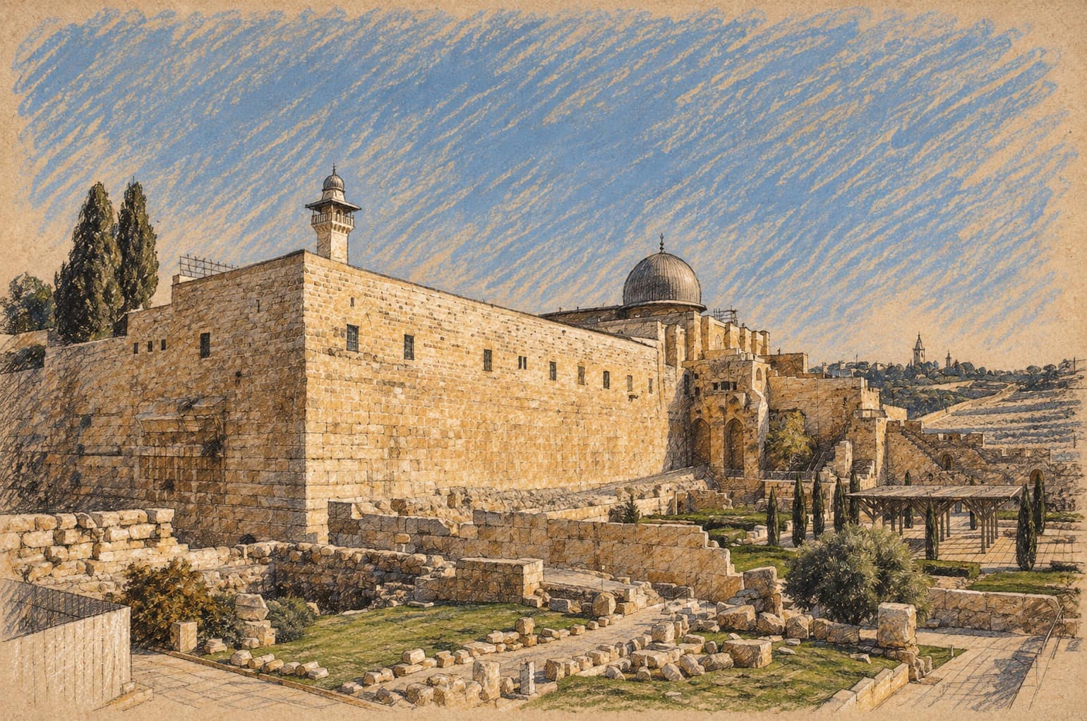 Courtroom-sketch editorial illustration of Jerusalem's Southern Wall and the Davidson archaeological park in an archival 2008 architectural view
