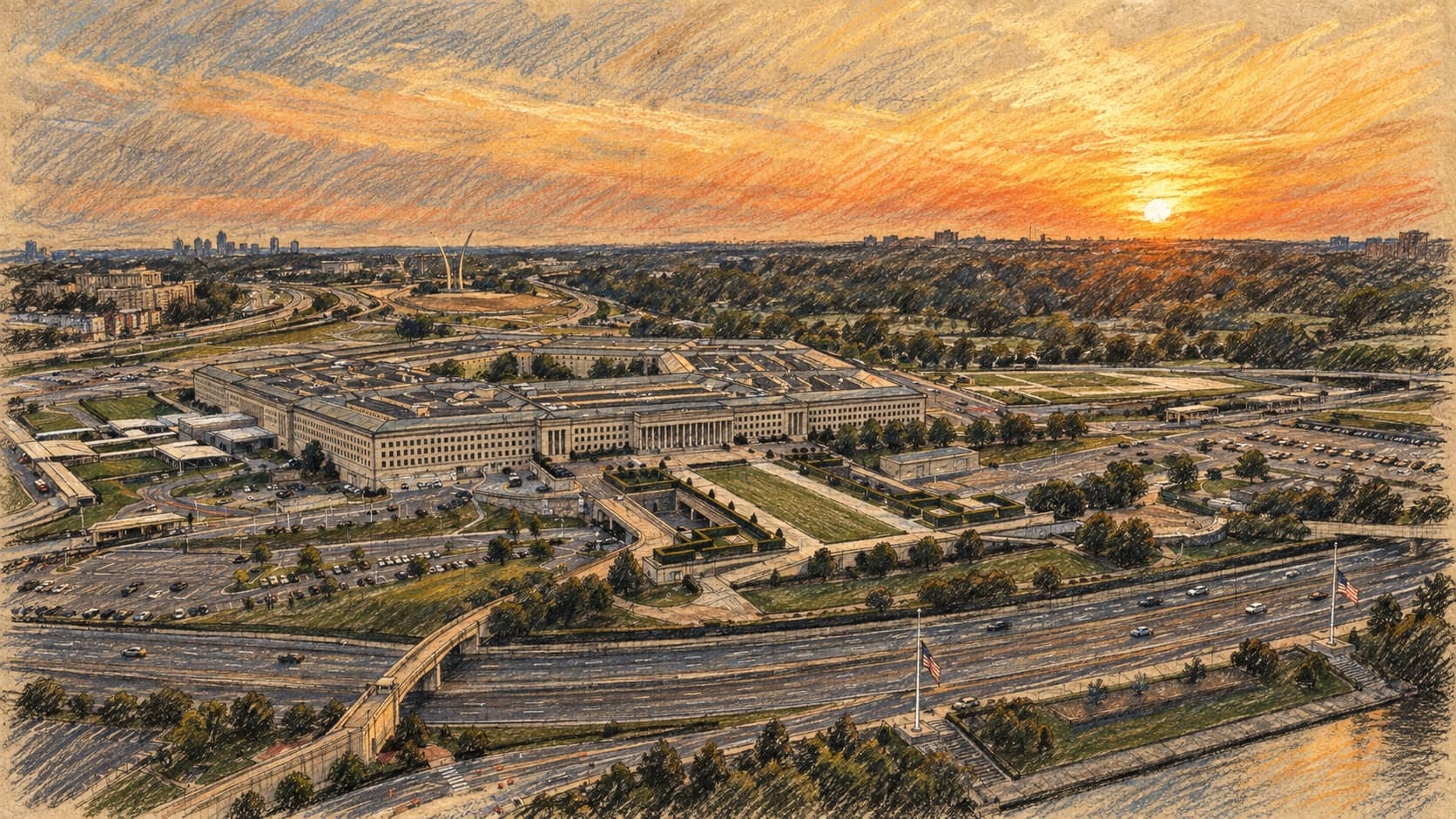Courtroom-sketch editorial illustration of an archival aerial view of the Pentagon and surrounding roads at sunset.
