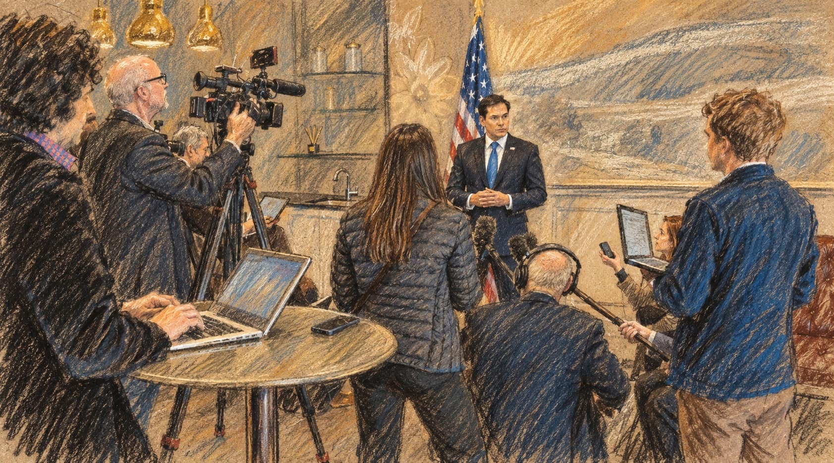 Courtroom-sketch editorial illustration of Marco Rubio speaking with journalists and camera operators during an archival March 12, 2025 fuel stop in Shannon, Ireland, with an American flag behind him; contextual artwork, not a depiction of the October 2026 remarks or a meeting with Peskov, rendered in warm ochre and slate-blue pastel strokes.