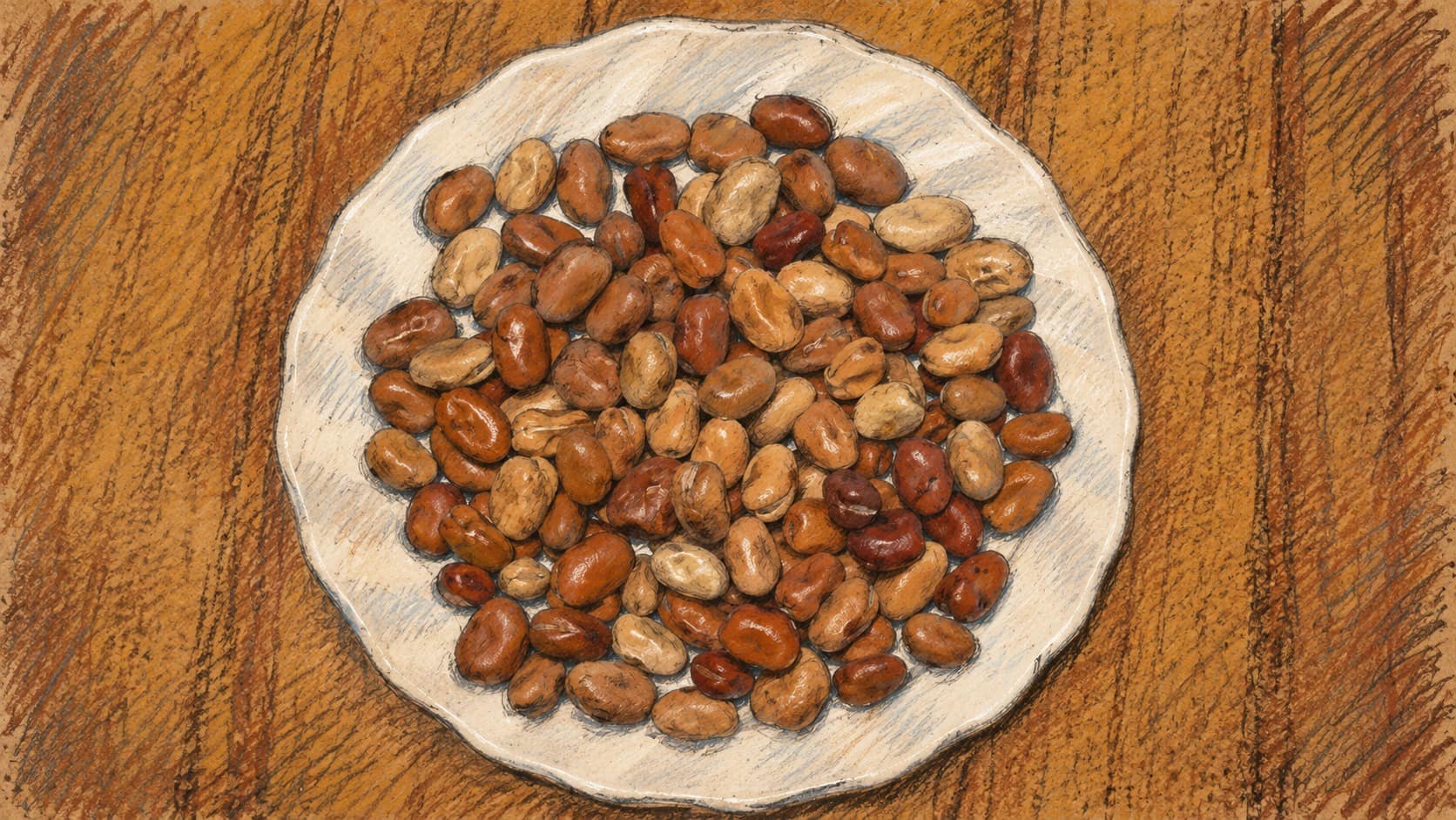Courtroom-sketch editorial illustration of dried fava beans on a white plate, an archival dry-food still life used as context for a community donation event.