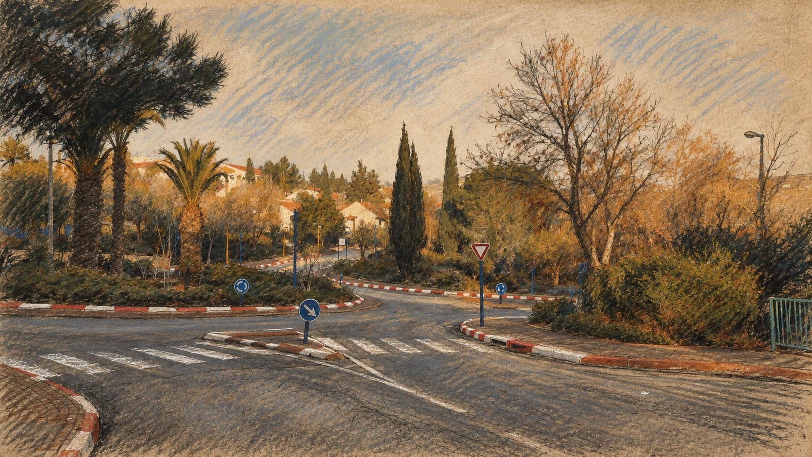 Courtroom-sketch editorial illustration of an archival empty street and roundabout in Eli, Mateh Binyamin; regional context, not a depiction of the stone-throwing incidents, arrest sites or suspects.