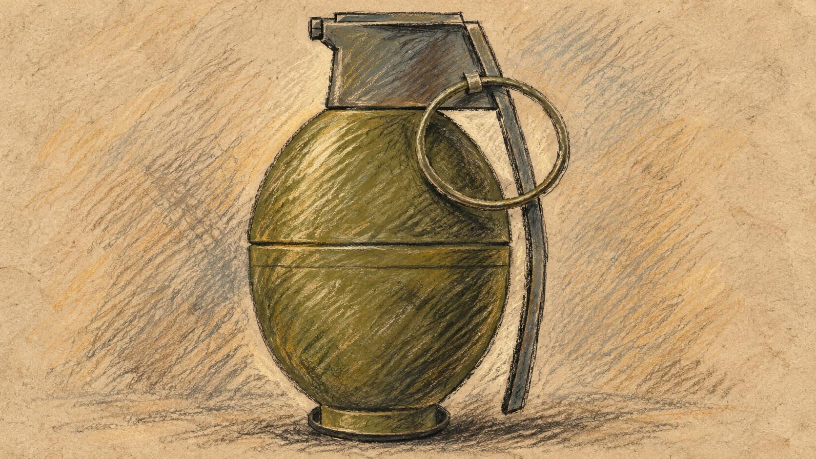 Courtroom-sketch editorial illustration of a single upright fragmentation grenade with its safety lever and pull ring, shown as a contextual object on a plain background.
