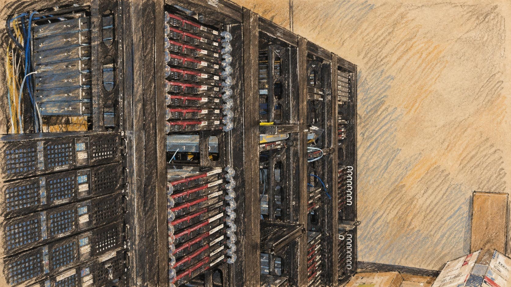 Courtroom-sketch editorial illustration of archival computer server racks in Tampa, Florida, used as context for data security; it does not depict the Education Ministry or the affected system.