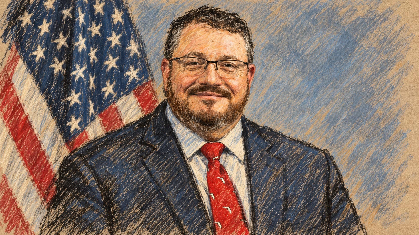 Courtroom-sketch editorial illustration of Randy Fine in glasses, navy suit and red tie beside a United States flag, based on an archival 2026 official portrait.