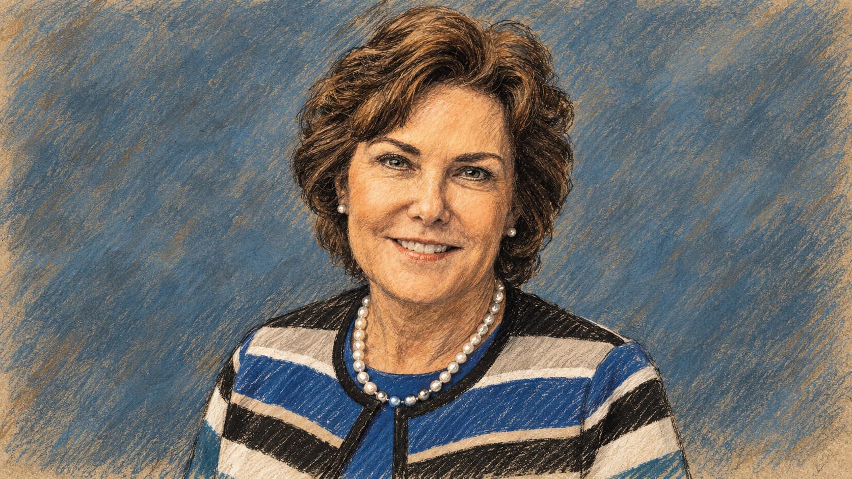 Courtroom-sketch editorial illustration of Senator Jacky Rosen in an archival studio portrait, wearing a striped jacket and pearl necklace against a plain blue backdrop.