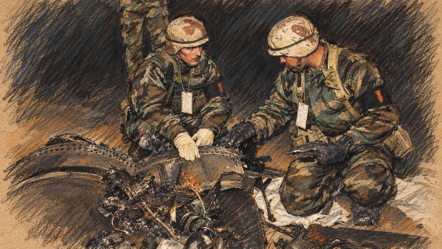 Courtroom-sketch editorial illustration of two U.S. military ordnance technicians kneeling beside Iraqi Scud missile remains in an archival February 1991 Operation Desert Storm photograph from Saudi Arabia; missile-debris response context, not the October 2026 Riyadh incident, its damage, its response crews or identification of the interceptor used, rendered in warm ochre and slate-blue pastel strokes.