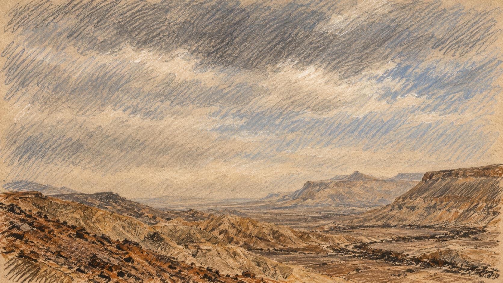 Courtroom-sketch editorial illustration of an archival Negev desert landscape with eroded rocky hills beneath cloudy skies; geographic context, not a depiction of the arrests or suspects.