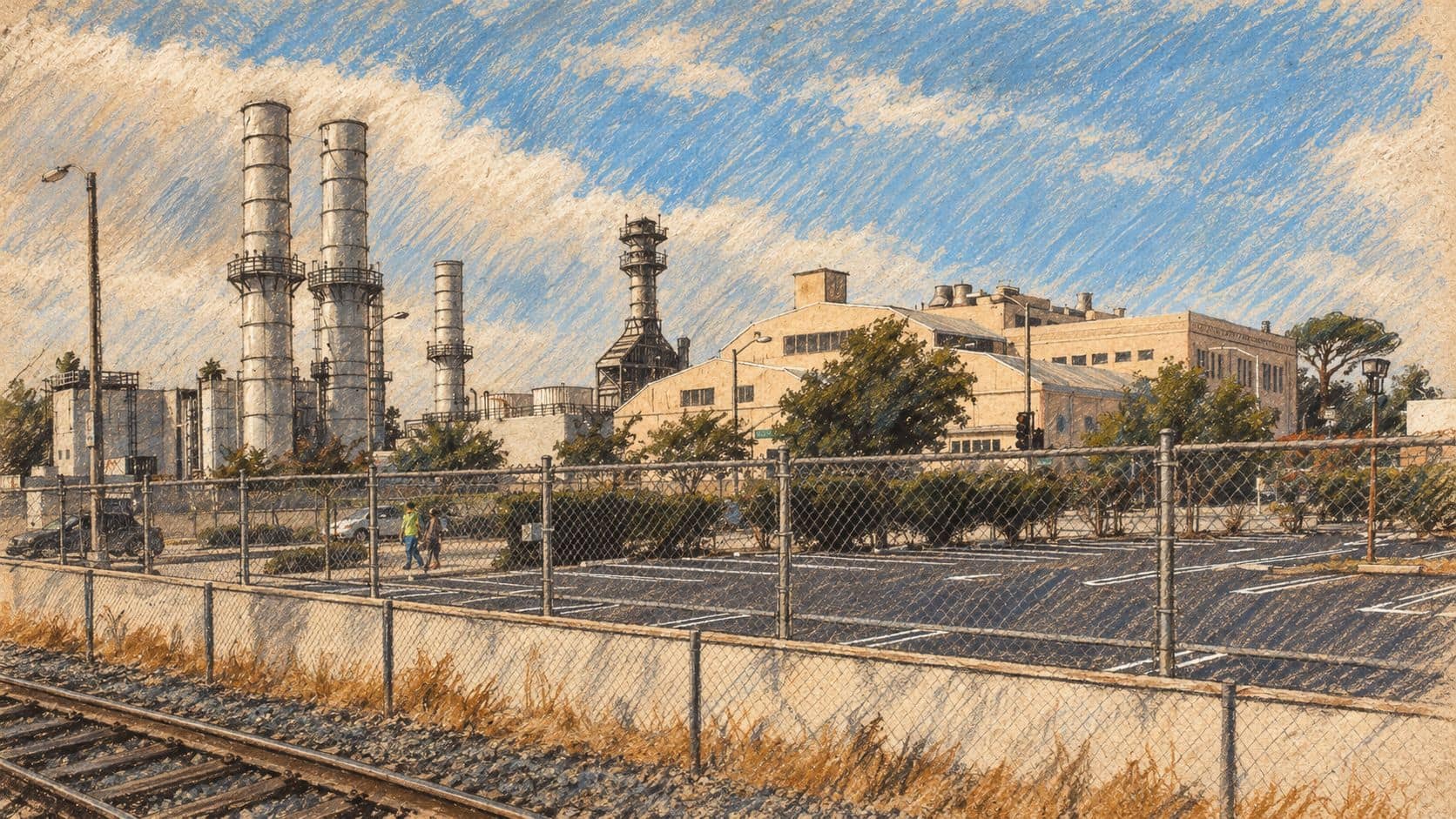 Courtroom-sketch editorial illustration of an archival Glenarm natural-gas power plant in Pasadena, California, used as context for US gas-power investment
