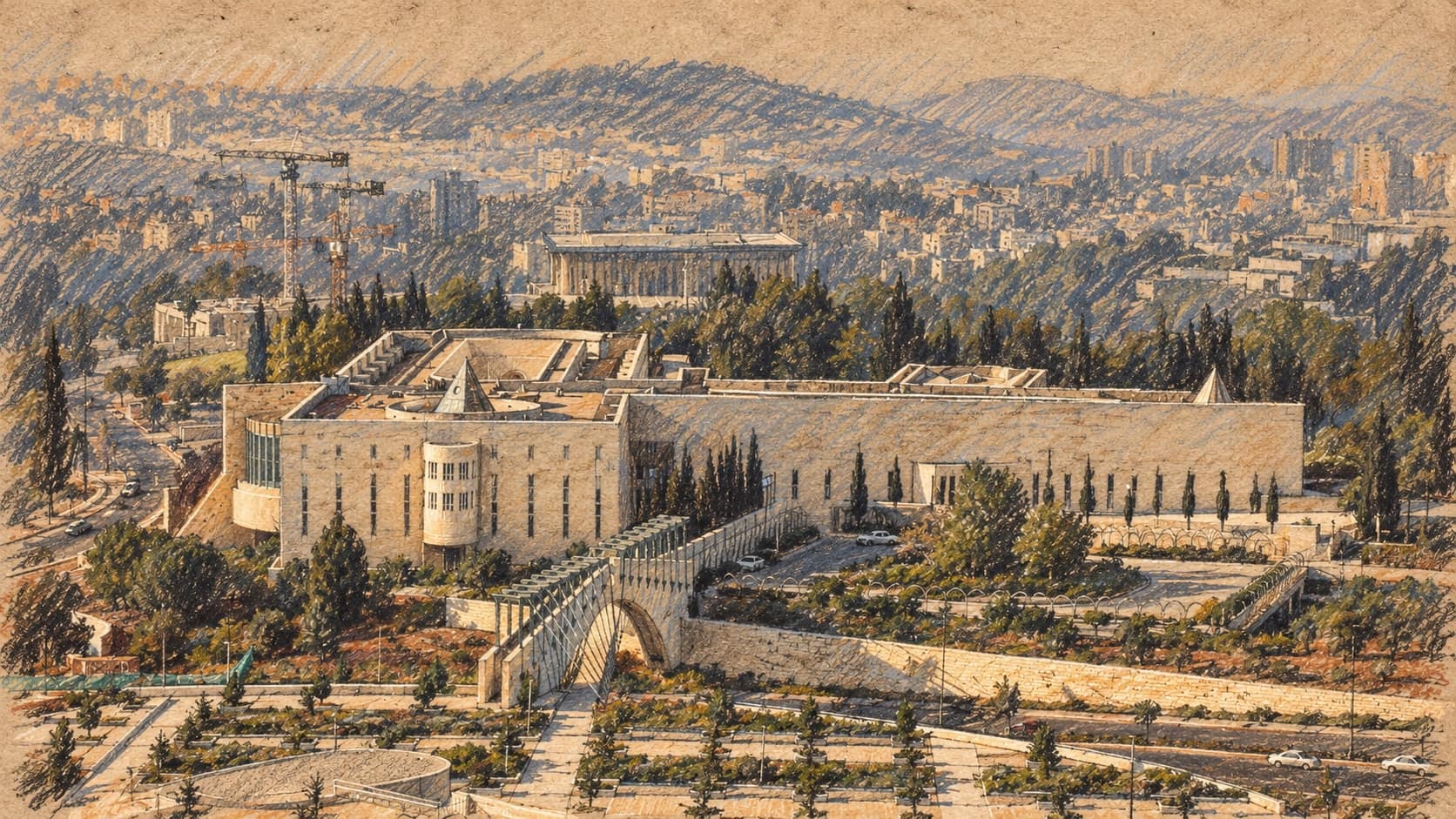Courtroom-sketch editorial illustration of an archival elevated view of the Supreme Court of Israel building in Jerusalem, with gardens and the city skyline