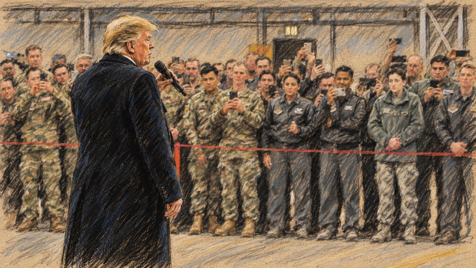 Courtroom-sketch editorial illustration of Donald Trump in a dark overcoat addressing U.S. airmen in a hangar at Ramstein Air Base in an archival December 2018 scene; contextual artwork, not a depiction of his October 8, 2026 remarks, rendered in warm ochre and slate-blue pastel strokes.