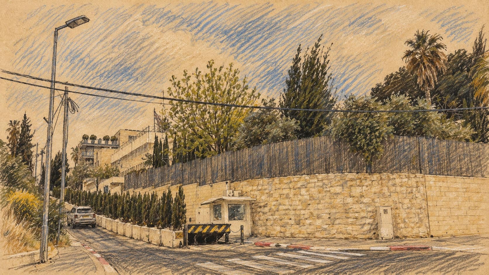 Courtroom-sketch editorial illustration of the British consulate exterior in Jerusalem, based on a contextual May 2026 photograph rather than the October renaming event