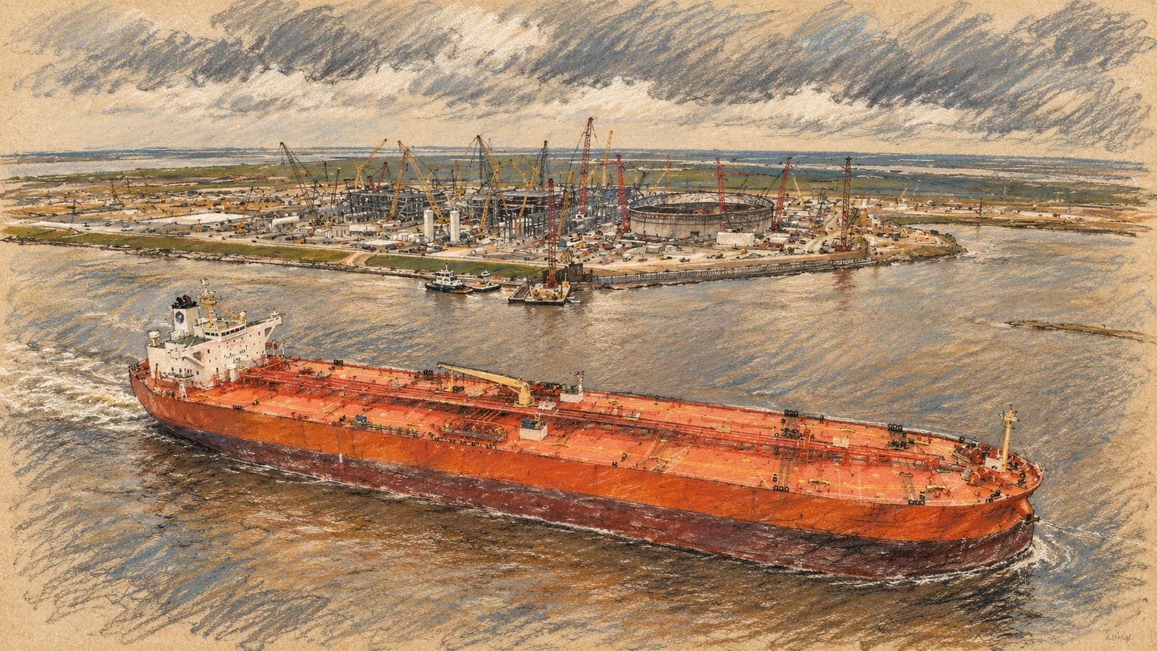 Courtroom-sketch editorial illustration of an archival oil tanker crossing a river beside an industrial waterfront in Port Arthur, Texas, rendered in warm ochre and slate-blue pastel strokes; contextual artwork, not a newly sanctioned vessel.