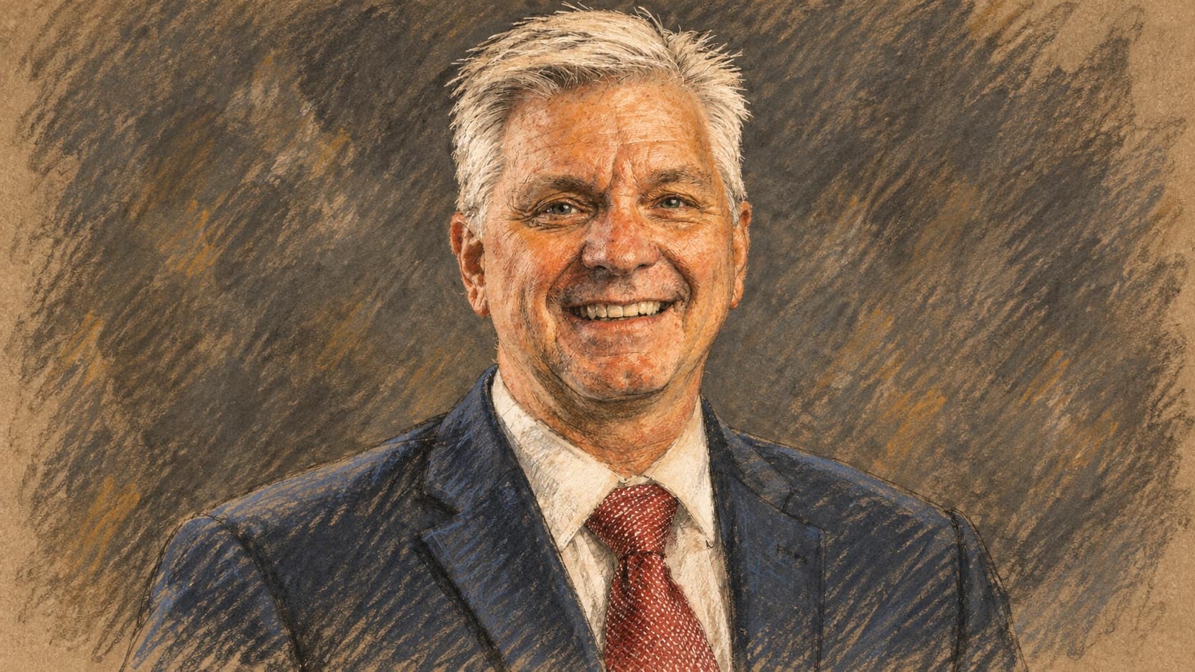 Courtroom-sketch editorial illustration of an archival September 2022 studio portrait of Christopher J. Waller, smiling in a dark suit, white shirt and red tie against a mottled gray backdrop; contextual portrait, not a depiction of the October 2026 Istanbul speech, rendered in warm ochre and slate-blue pastel strokes.