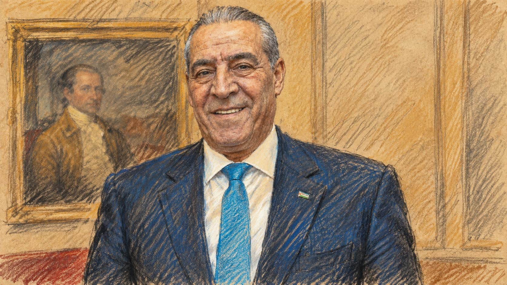 Courtroom-sketch editorial illustration based on an archival 2022 portrait of Hussein al-Sheikh in a blue suit and turquoise tie, with a framed painting behind him; contextual portrait rather than the reported contact with France.