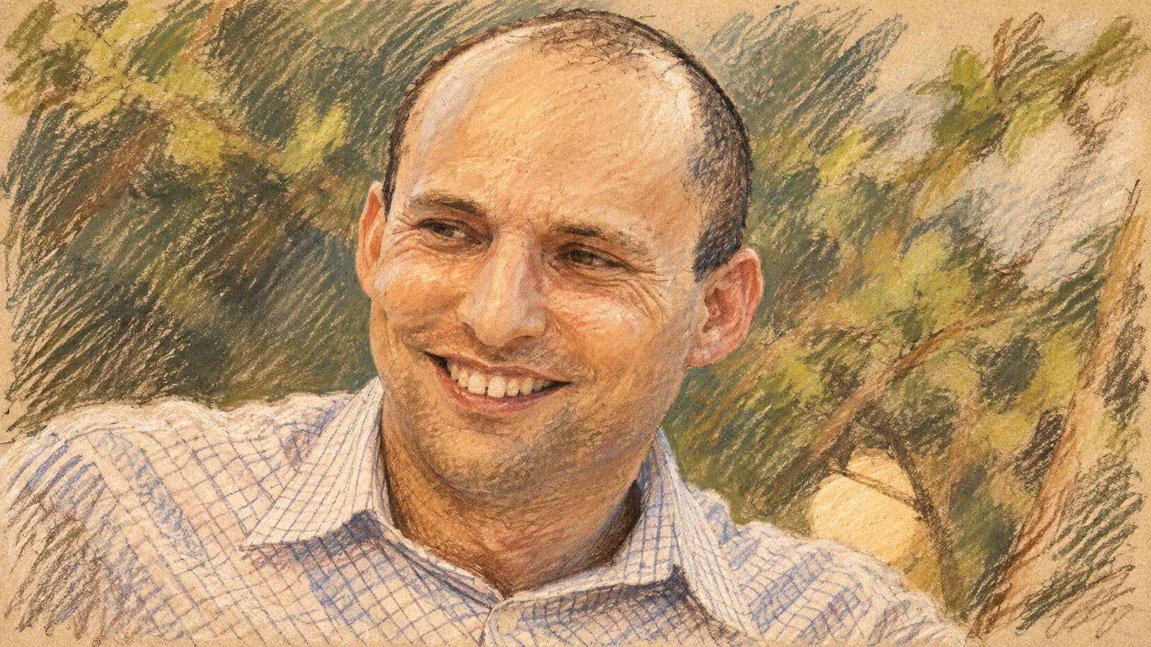 Courtroom-sketch editorial illustration based on an archival portrait of Naftali Bennett smiling outdoors, used as context for his public statement.