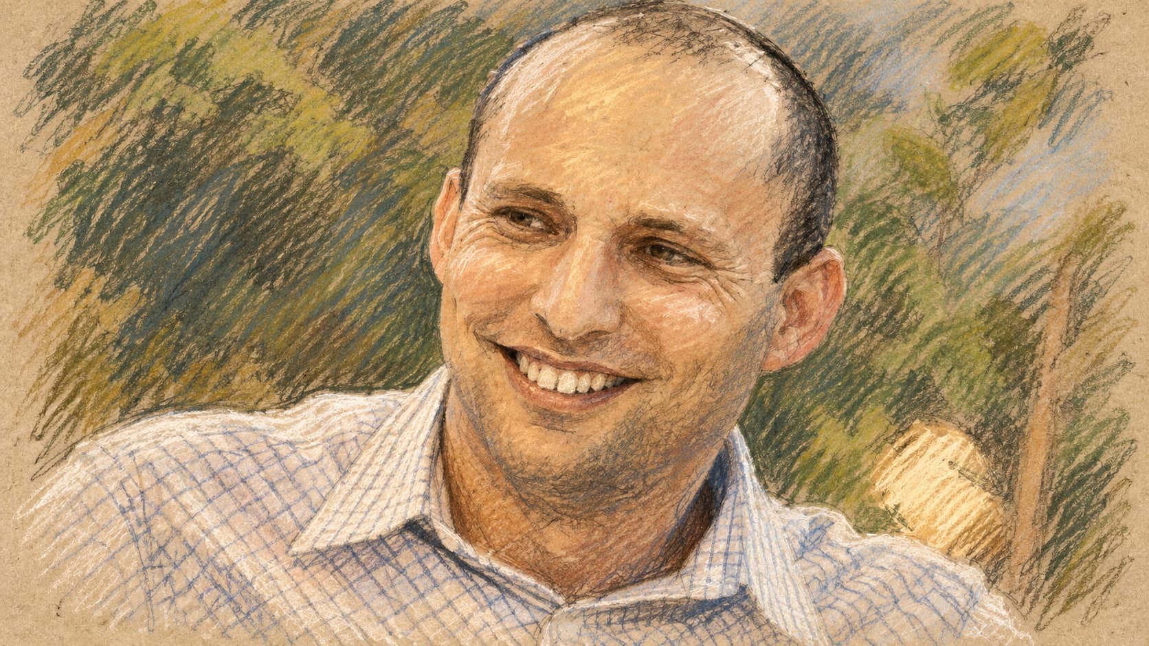 Courtroom-sketch editorial illustration of Naftali Bennett in an archival portrait, providing context for his statement about funerals and condolence visits since October 7