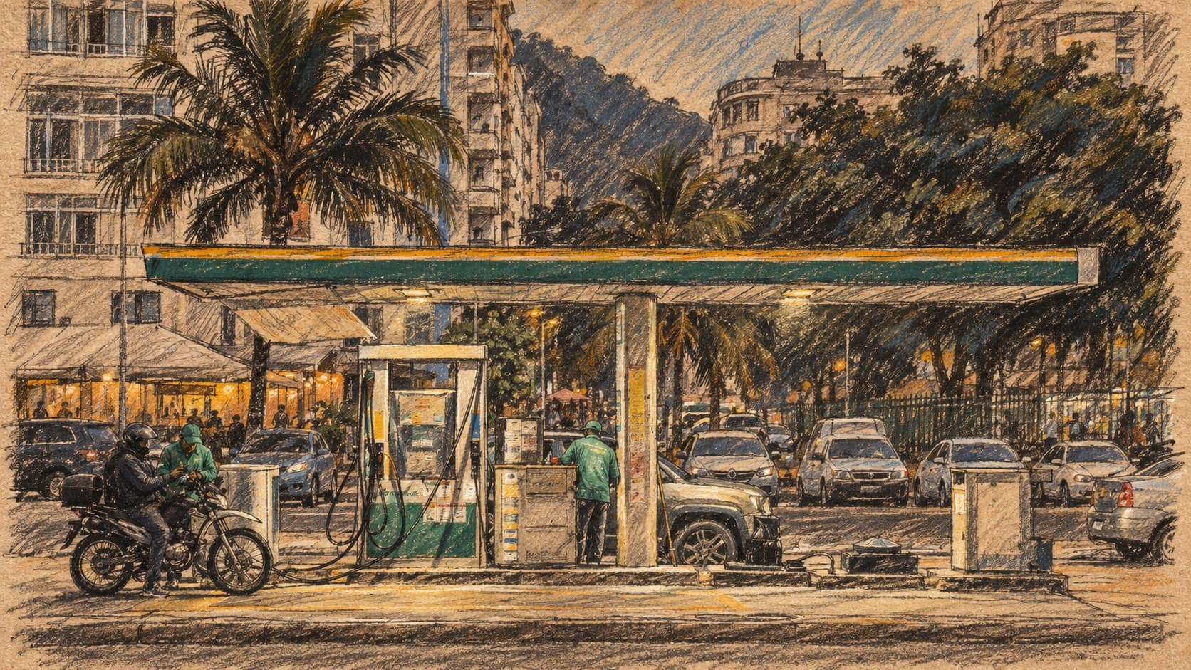 Courtroom-sketch editorial illustration of an archival 2023 fuel station in Rio de Janeiro, with pumps, attendants, a motorcycle and cars beneath a canopy, and palm trees and apartments behind; contextual setting for Brazil's fuel-tax package, rendered in warm ochre and slate-blue pastel strokes.