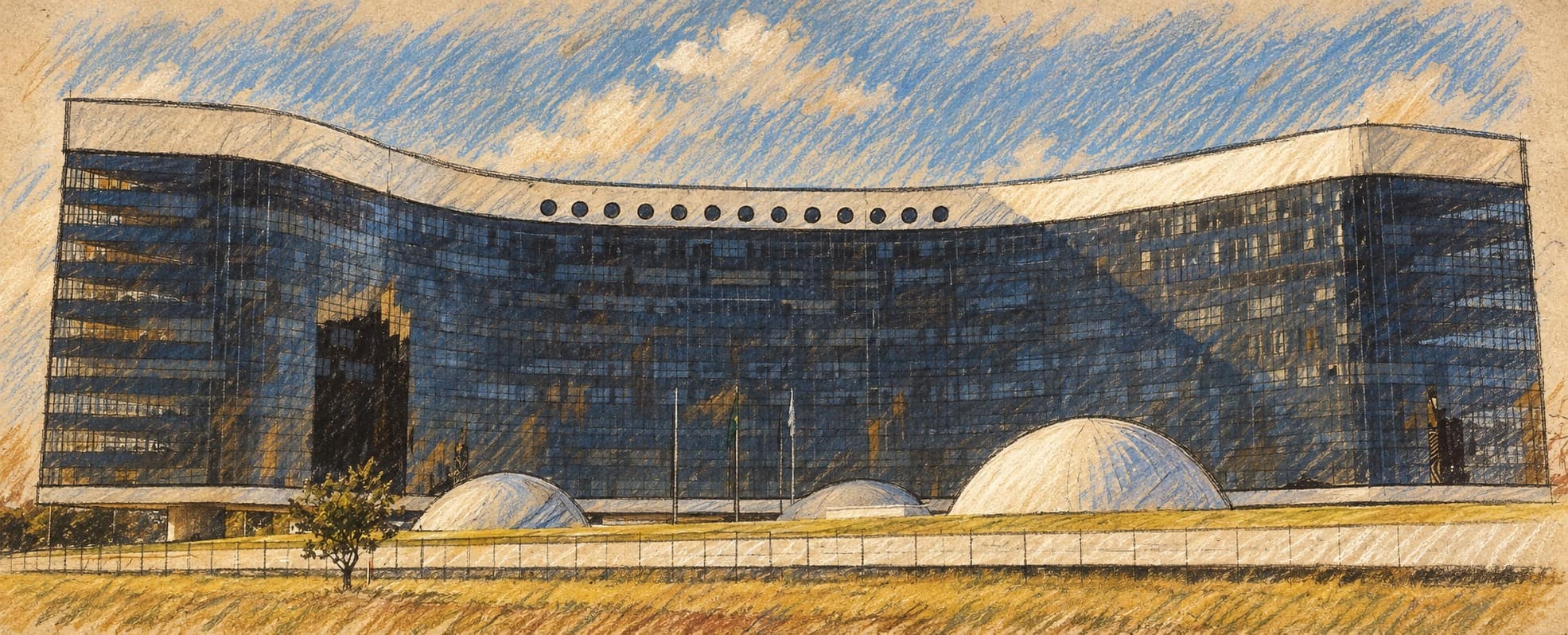 Courtroom-sketch editorial illustration of an archival 2012 frontal view of Brazil's Superior Electoral Court headquarters in Brasília, with its curved glass facade, white roofline, rounded domes and lawn; institutional context, not a depiction of the October 2026 suspension order, rendered in warm ochre and slate-blue pastel strokes.