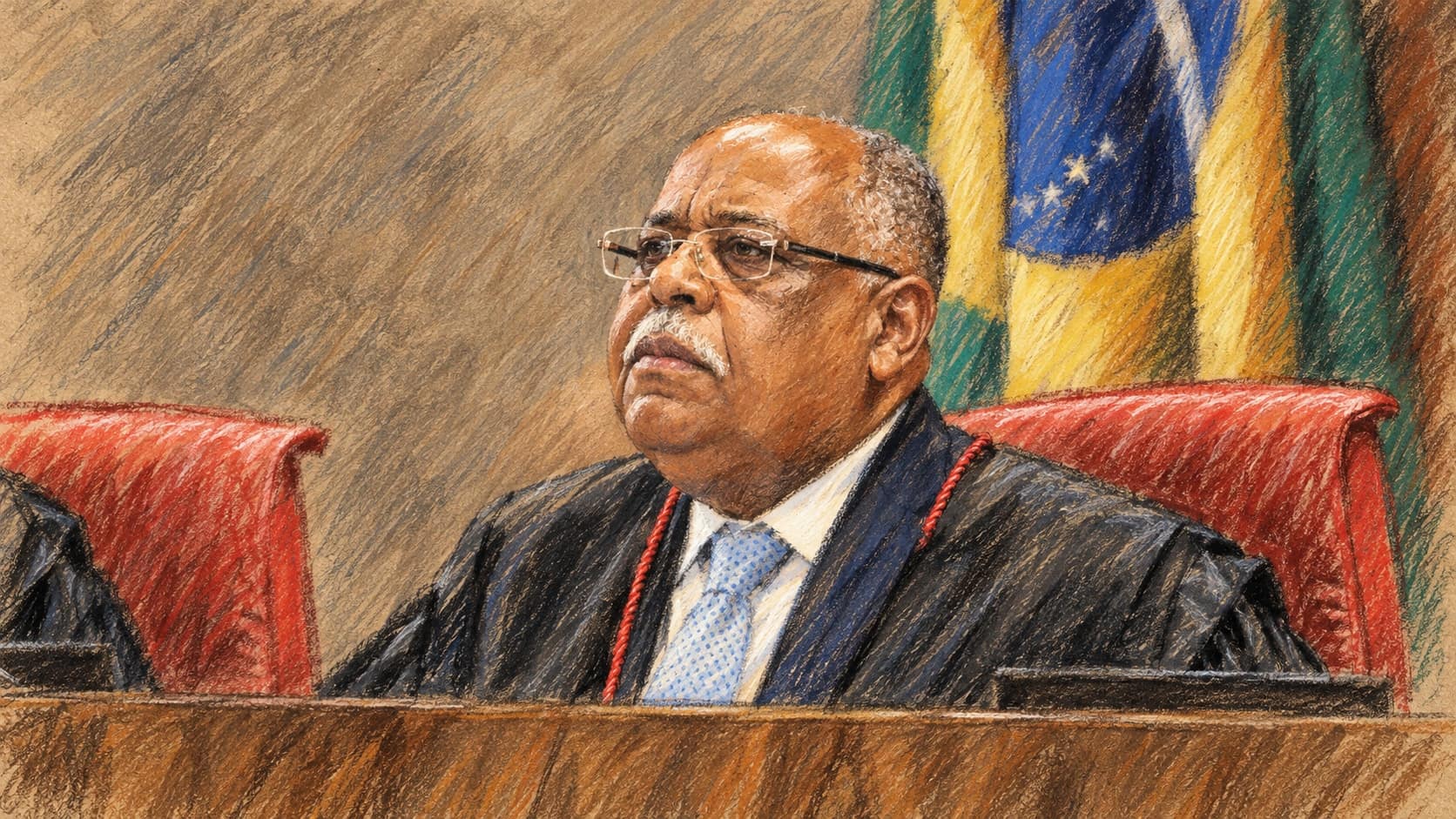 Courtroom-sketch editorial illustration of Judge Benedito Gonçalves in glasses and judicial robes, seated in a red chair behind a wooden court bench with a Brazilian flag behind him, based on an archival February 2023 TSE-session photograph; institutional portrait context, not a depiction of the October 2026 CNJ order, rendered in warm ochre and slate-blue pastel strokes.